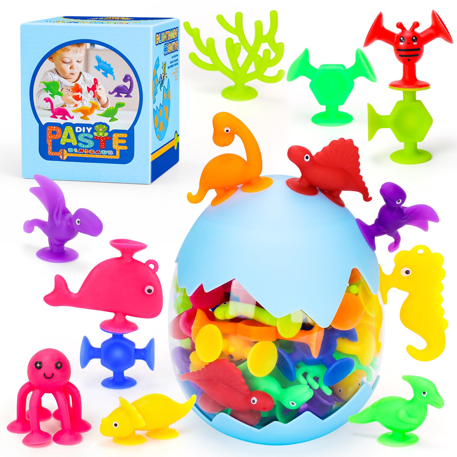 Bath Toys for Kids 3 4 5 Years Old: 40 Pcs Dinosaurs Sensory Toys Set Travel Suction Cup Toys for Toddlers Boys Girls Age 1-3 Non-Hole Bath Toy Animals with Eggshell Storage