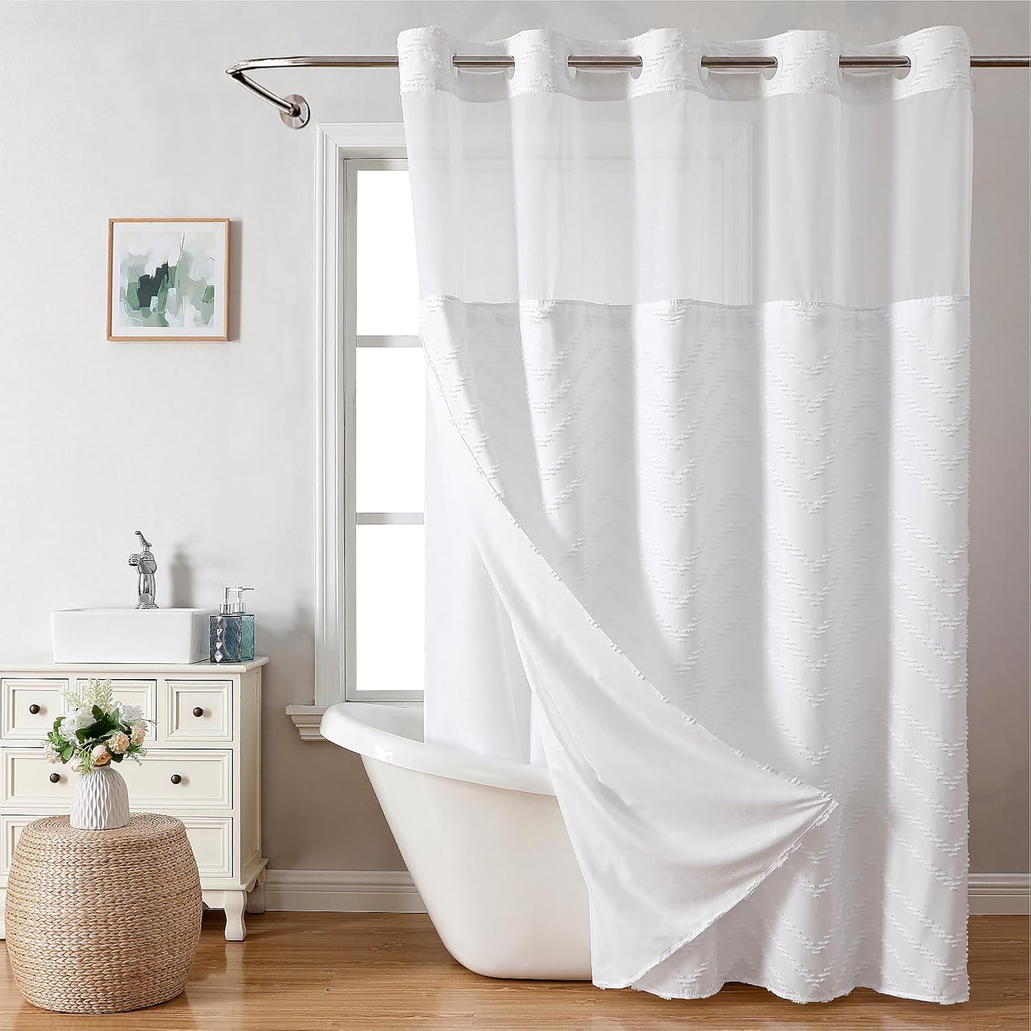 Long No Hook Tufted Chevron Striped Shower Curtain with Snap-in Fabric Liner set-71Wx80H(78H),White Hotel Grade Boho Style Shower Curtain with See Through Top Window,Water Repellent