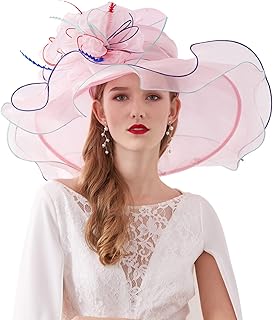 Z&X Women Organza Church Derby Hat Wide Brim Sun Hats for Wedding Tea Party Fascinator Hat, Dual-use