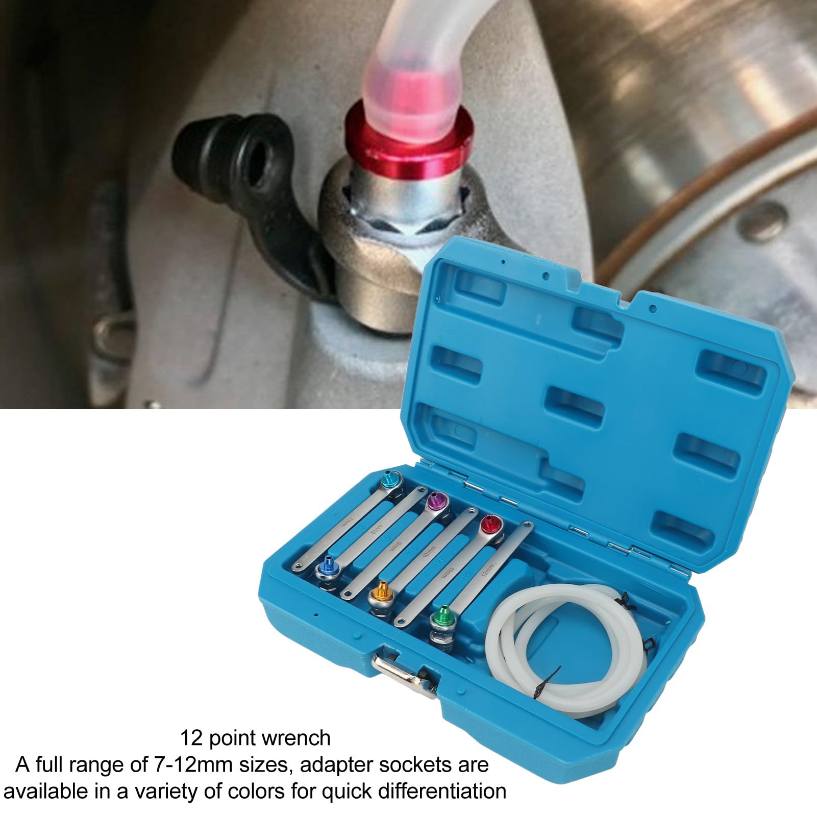 PolyGen Set di chiavi per spurgo freni 7 mm, 8 mm, 9 mm, 10 mm, 11 mm, 12 mm, design a 12 punti con tubo di scarico dell'olio e valvola di ritegno per sistemi idraulici