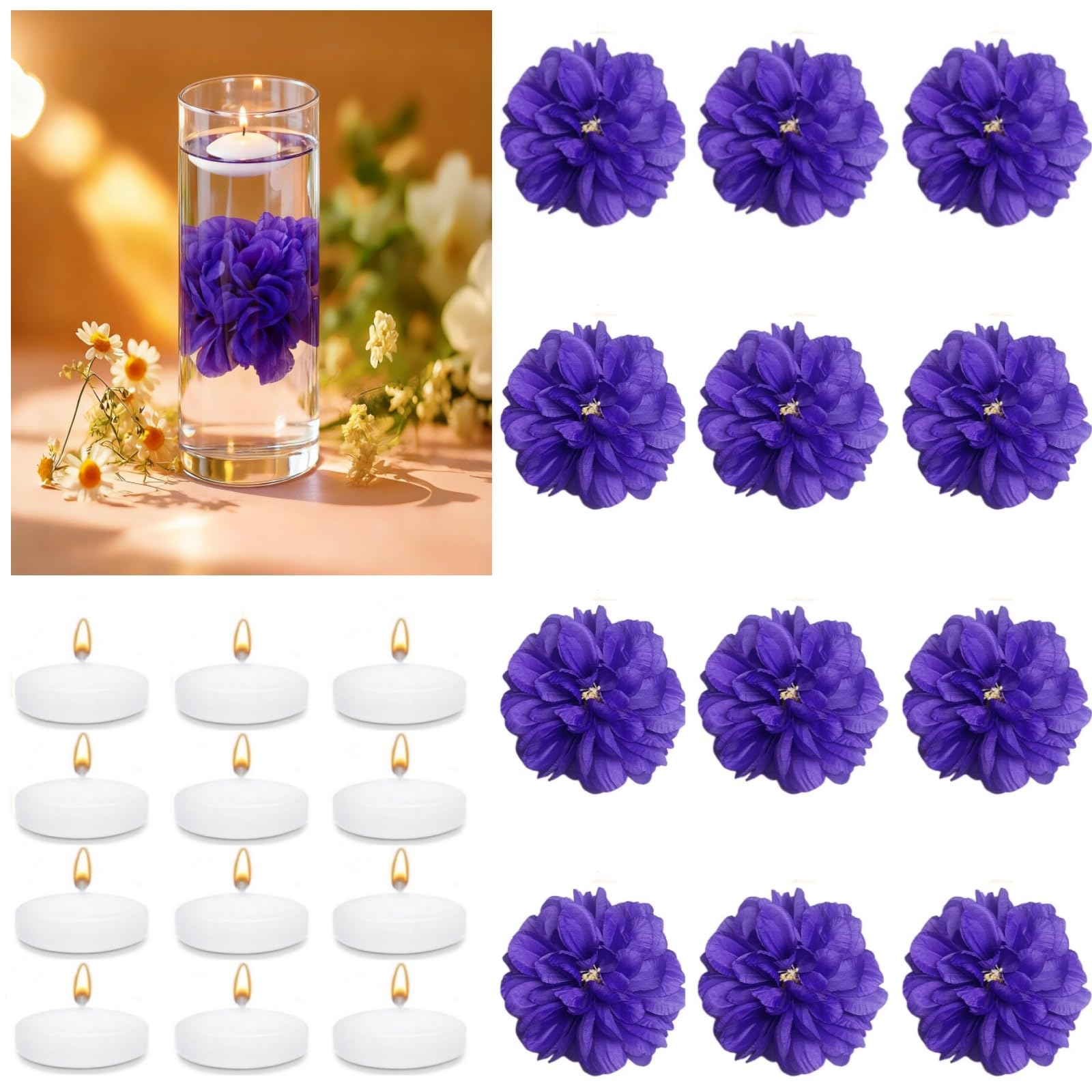 UDU 24 Pcs Floating Candles for Centerpieces and Floating Flowers for Centerpieces Artificial Flower Head for Home Birthday Wedding Party Table Decor Purple