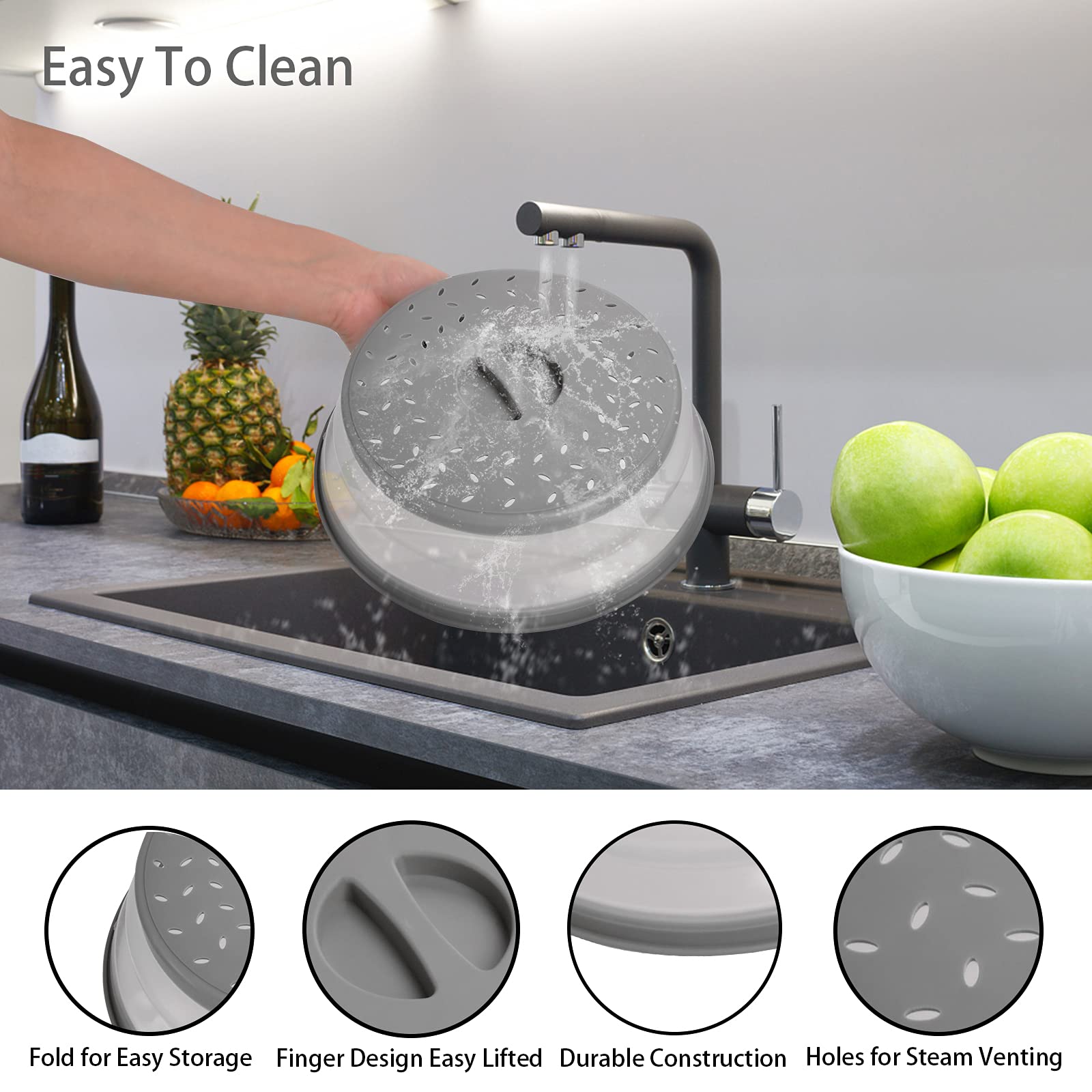 Funda para microondas para alimentos, paquete de 2 fundas de microondas con ventilación plegable con mango de fácil agarre, apto para lavavajillas, sin BPA, redonda de 10.5 pulgadas, gris