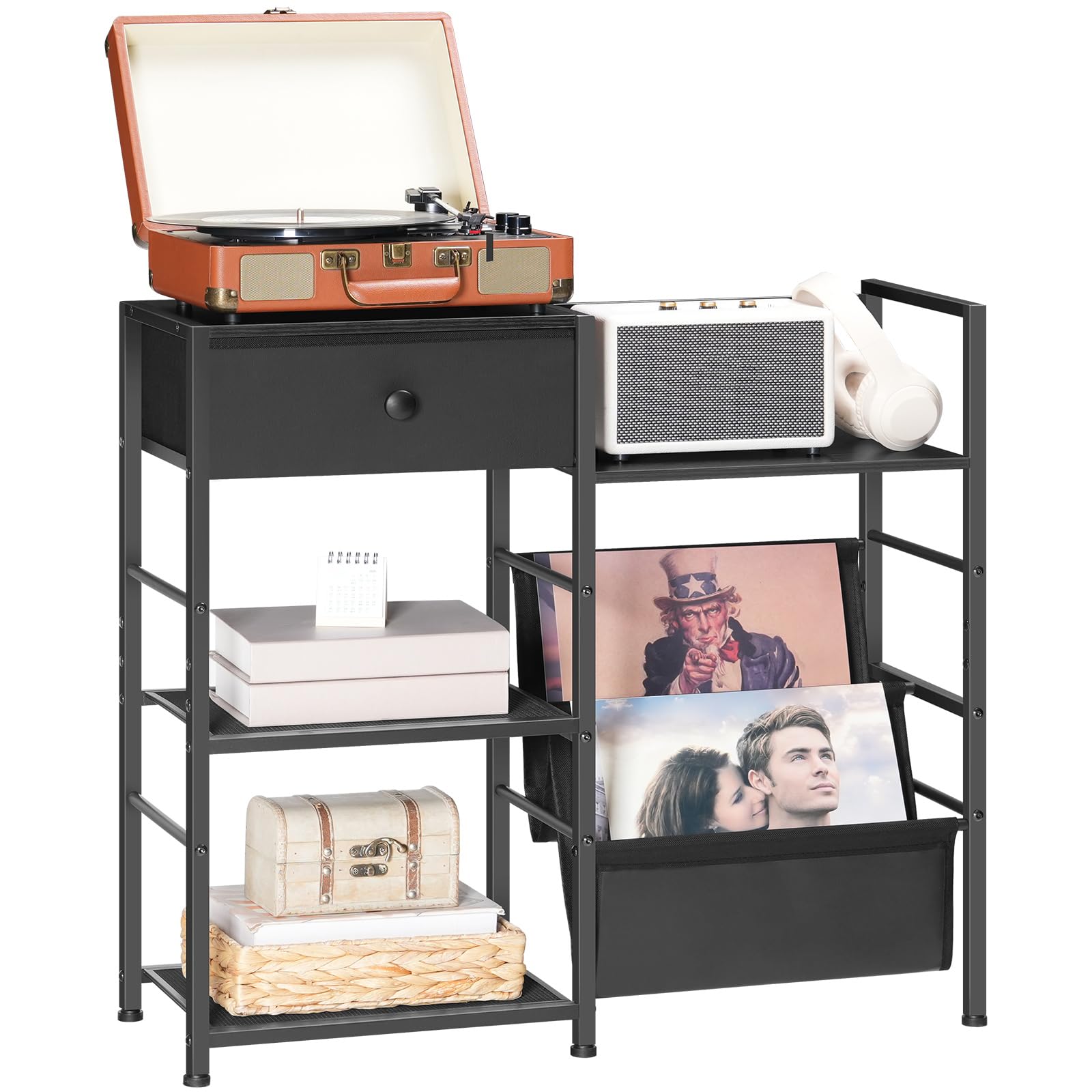 HOOBRO Record Player Stand, End Table with Vinyl Storage, 4 Tier Vinyl Record Storage, Side Table with Open Shelves, Turntable Stand for Living Room, Media Room, Black EBB75CJ01