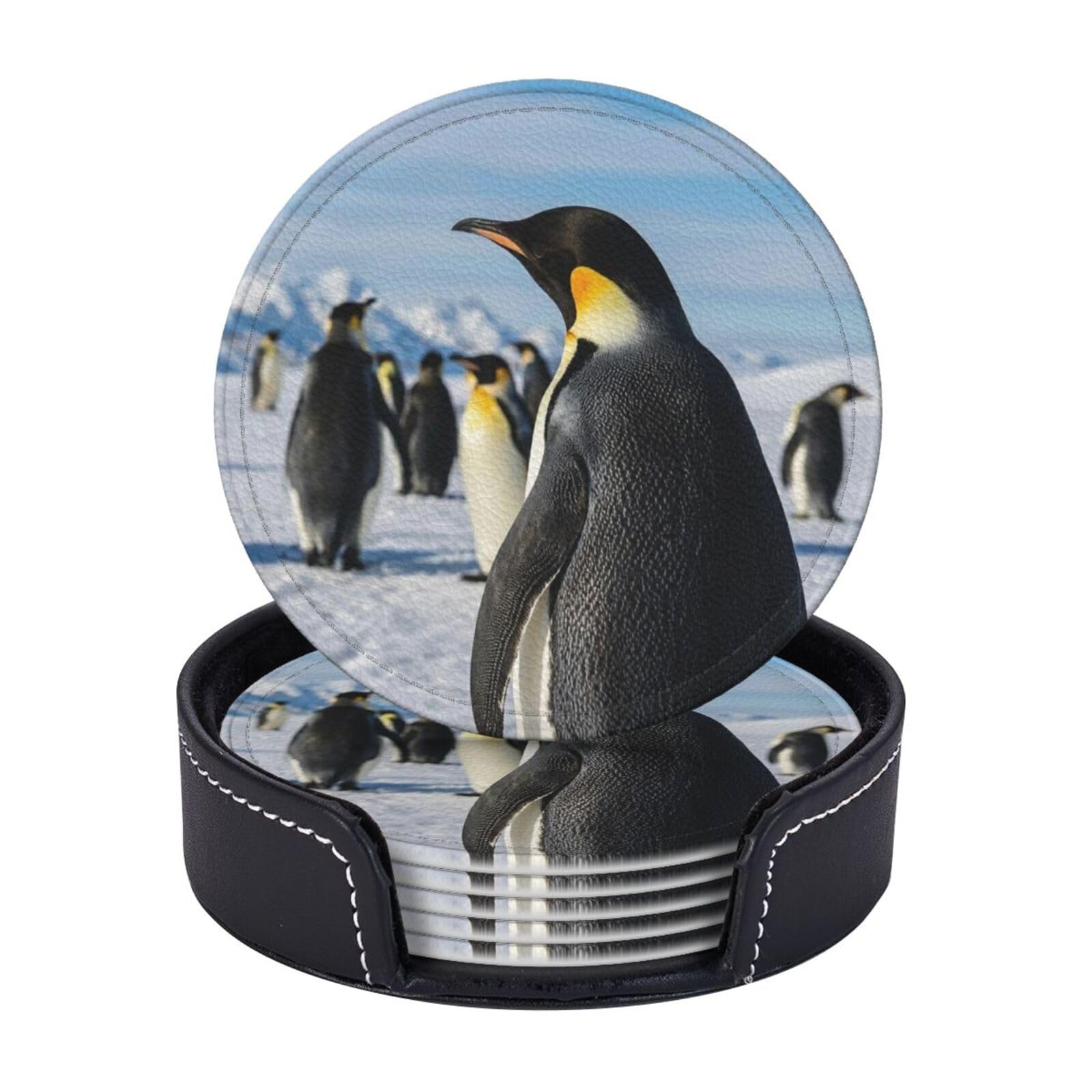 Drink Coasters 6 PCS Round Leather Coaster Penguins Coasters for Drinks Non-Slip Mugs Pads with Holder Personalized Cups Pad Mat for Coffee Table Kitchen 10 CM