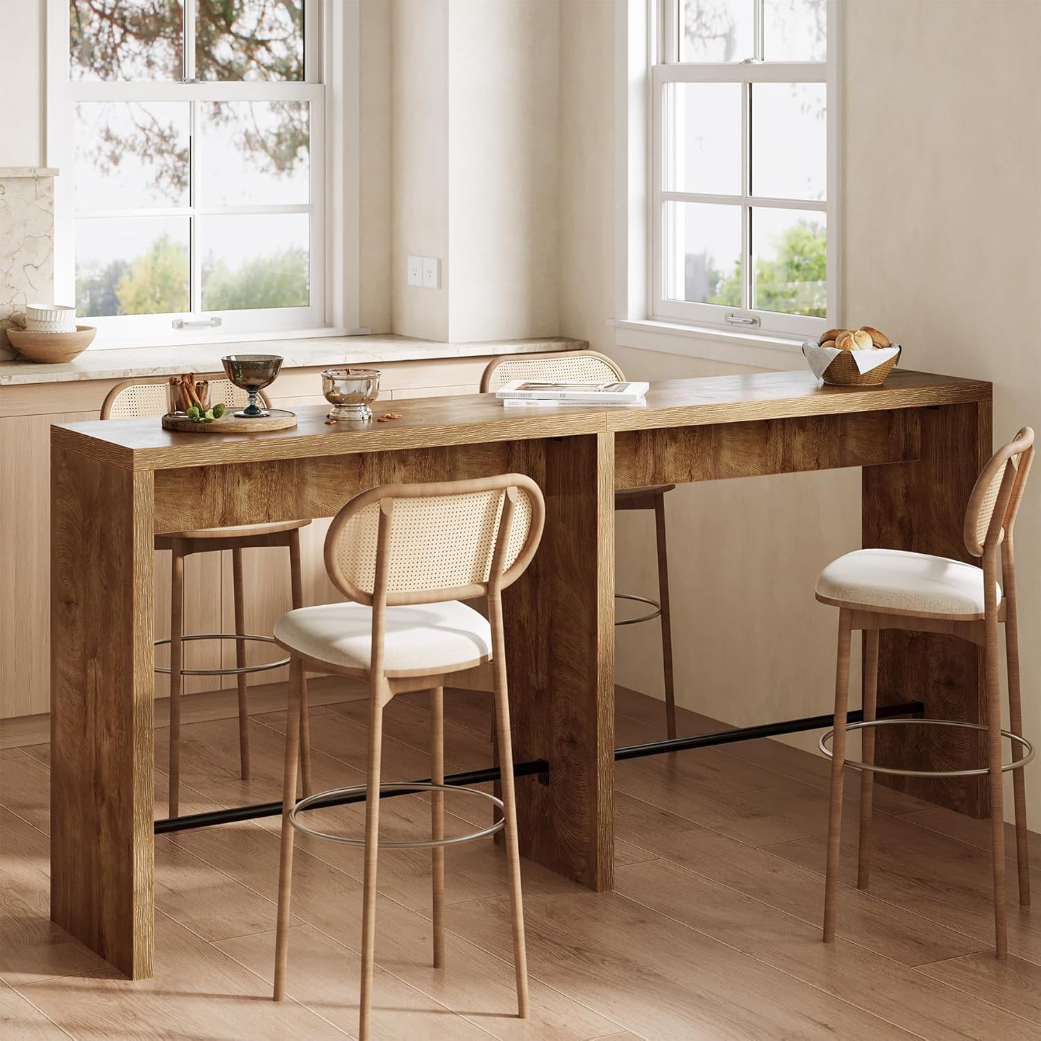 Tribesigns Table de Bar, Table Haute Cuisine, 200 x 39.5 x 95cm, Extra Longue avec Repose-Pieds en Fer Stable pour Cuisine, Salon, Salle à Manger, Couleur Bois