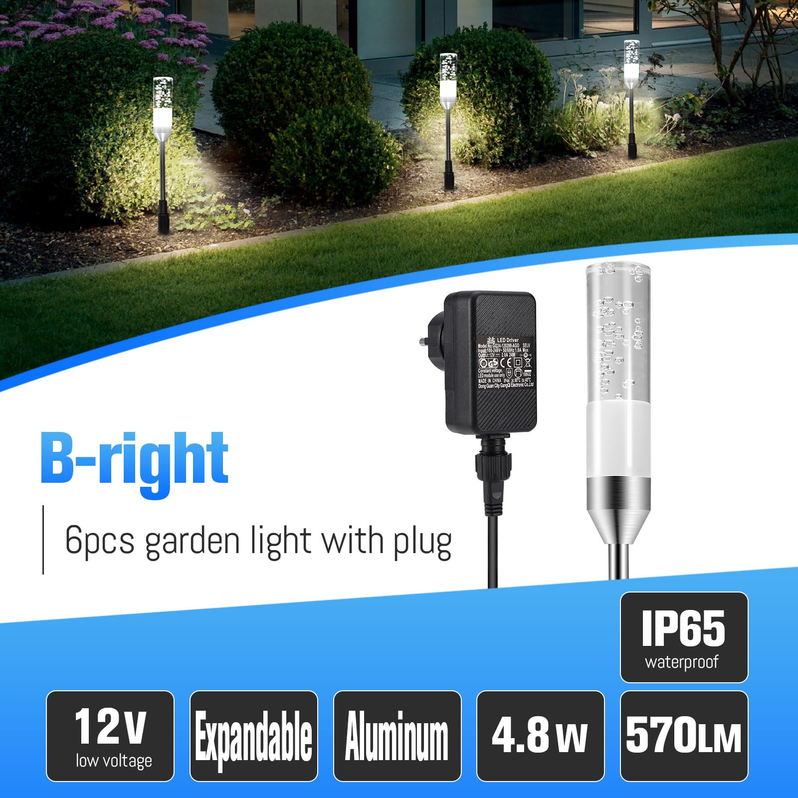 Focos Exterior LED B-right 6Pcs Luces LED Exterior Jardín, Iluminacion Jardín con Estaca, Luz Exterior Jardin, IP65 Impermeable Camino de Luces para Jardín para Césped Patio Entrada, Blanco frío