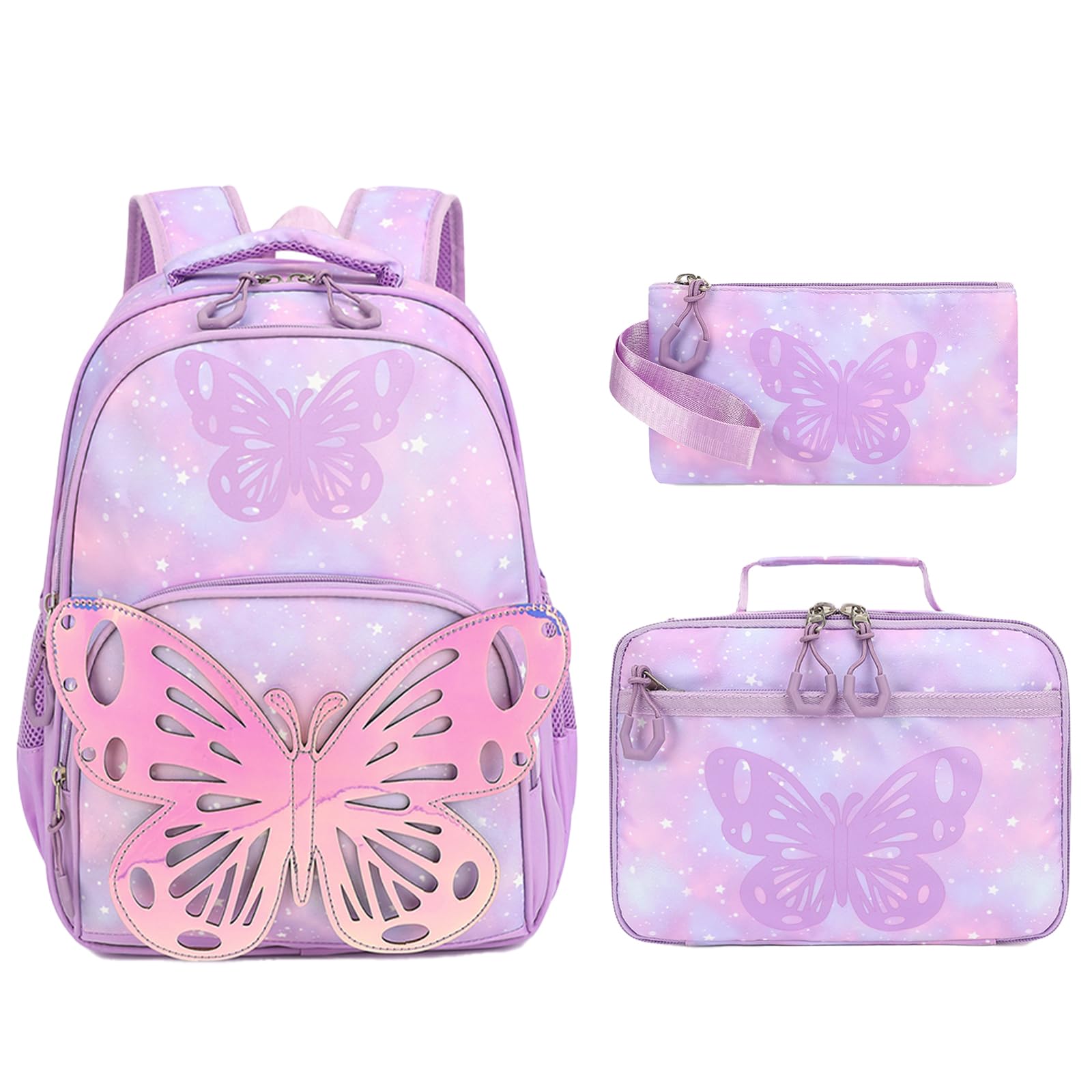 IQUQIXL Kids Backpack for Girls, 3Pcs Christmas Butterfly Wings School Backpacks Lunch Box Pencil Case Preschool Lightweight for Girls Age 4-6 (Purple