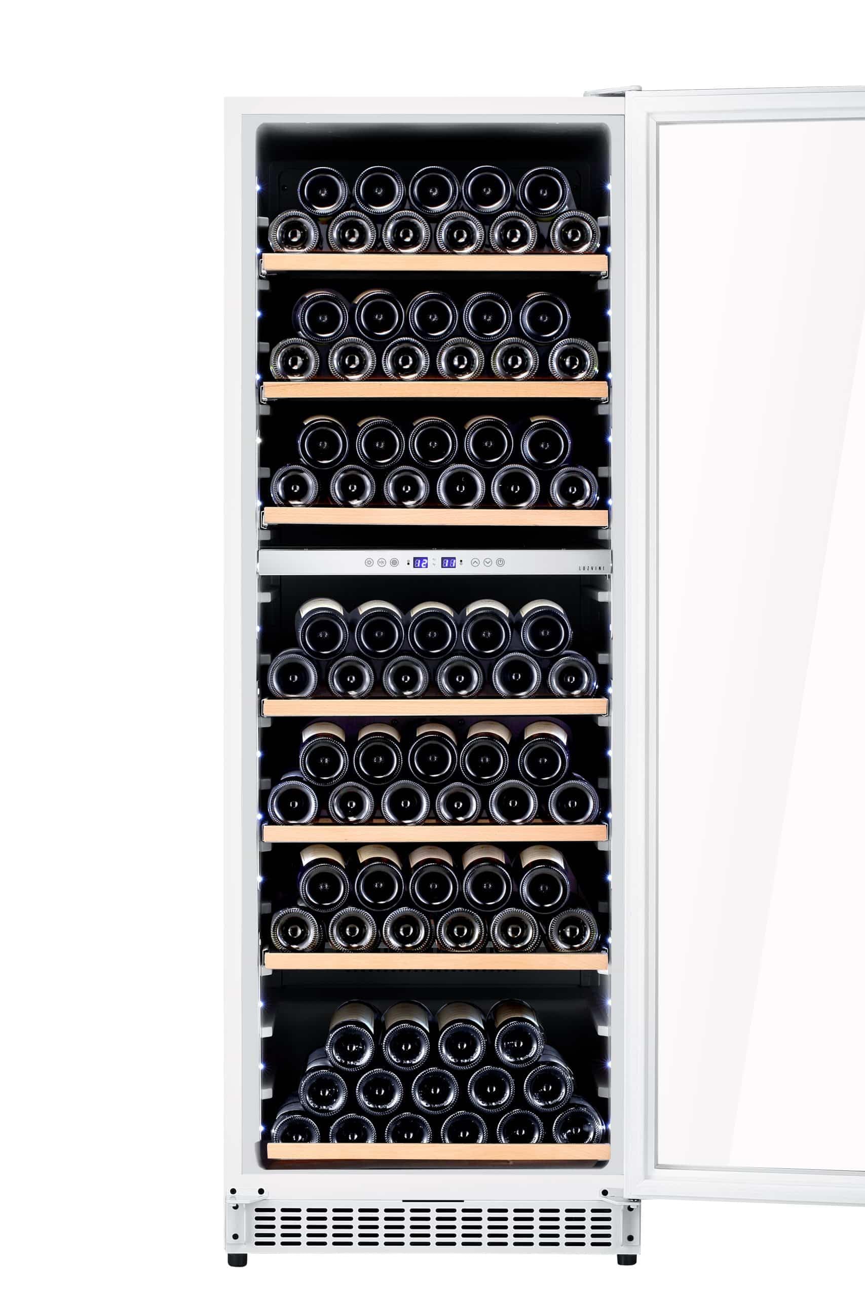 Große weiße LuzVini LV150W Einbau-Weinklimaschrank - Weinkühlschrank mit 2 Zonen - 150 Flaschen, Kompressorkühlung und ausschiebbare Regalen aus Buchenholz