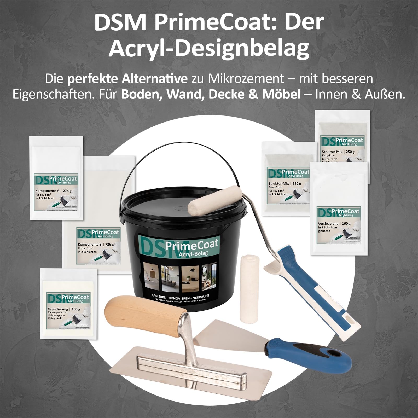 DSM PrimeCoat akrylowa wykładzina szpachlowa masa szpachlowa do prysznica i łazienki – zestaw z akcesoriami na ok. 1 m², M24 szary drogowy, w zestawie mieszanka strukturalna Easy Grob – na ścianę