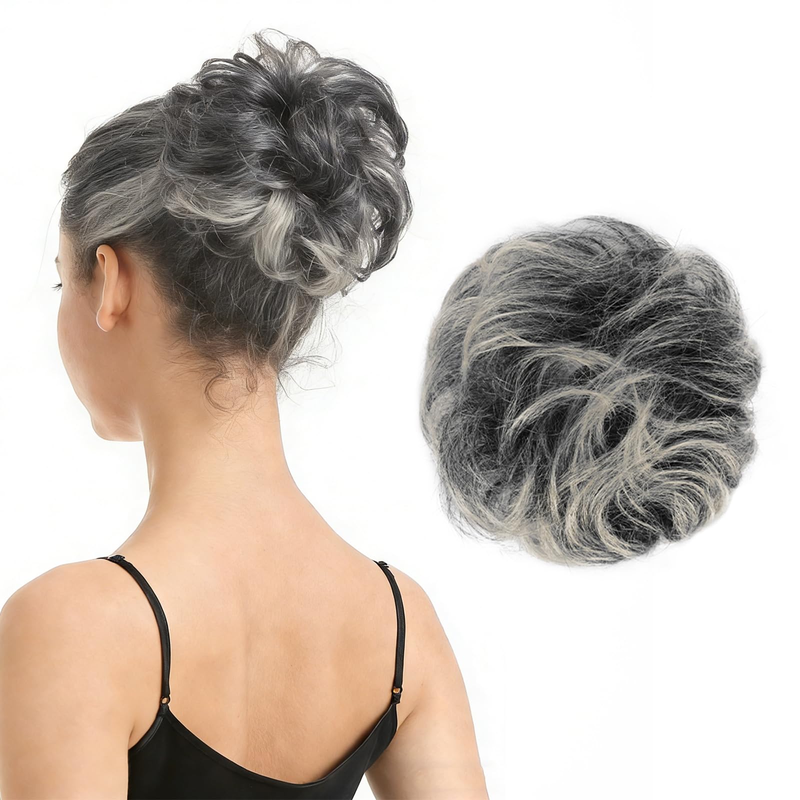 BARSDAR 100% Human Hair Bun Extension - Real Human Hair Gray Messy Bun Scrunchie for Women - Elastic Wavy Small Updo Chignons Grey Salt and Pepper