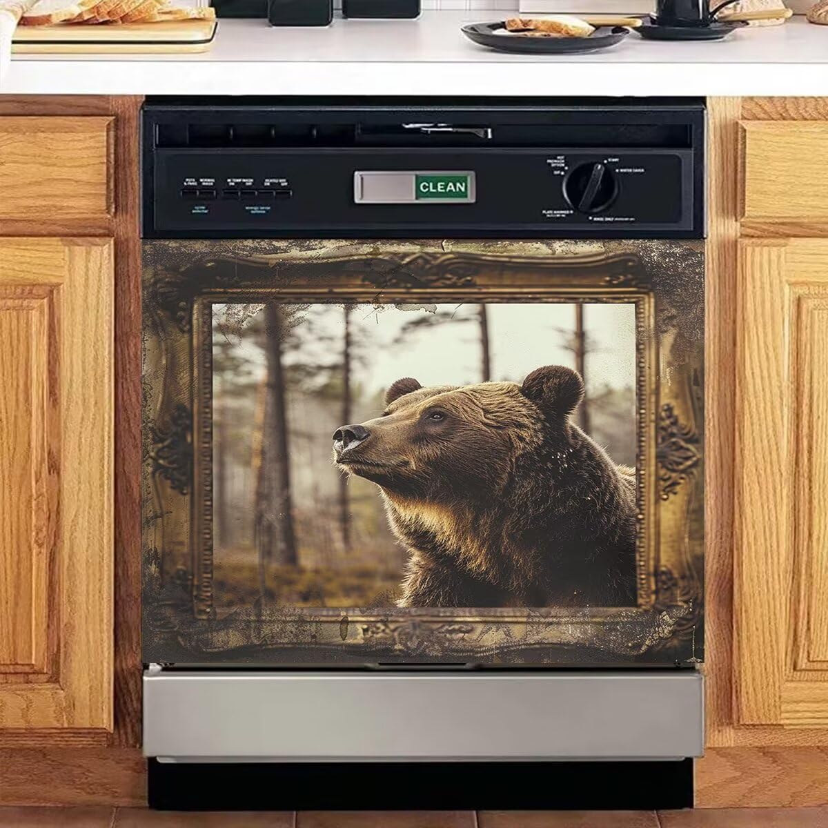 Vintage Bear Dishwasher Magnetic Cover for Door Front,Rustic Style Refrigerator Magnet Decor Sticker,Kitchen Dishwasher Magnet Panel Decal for Fridge Home Appliance 23"x17"