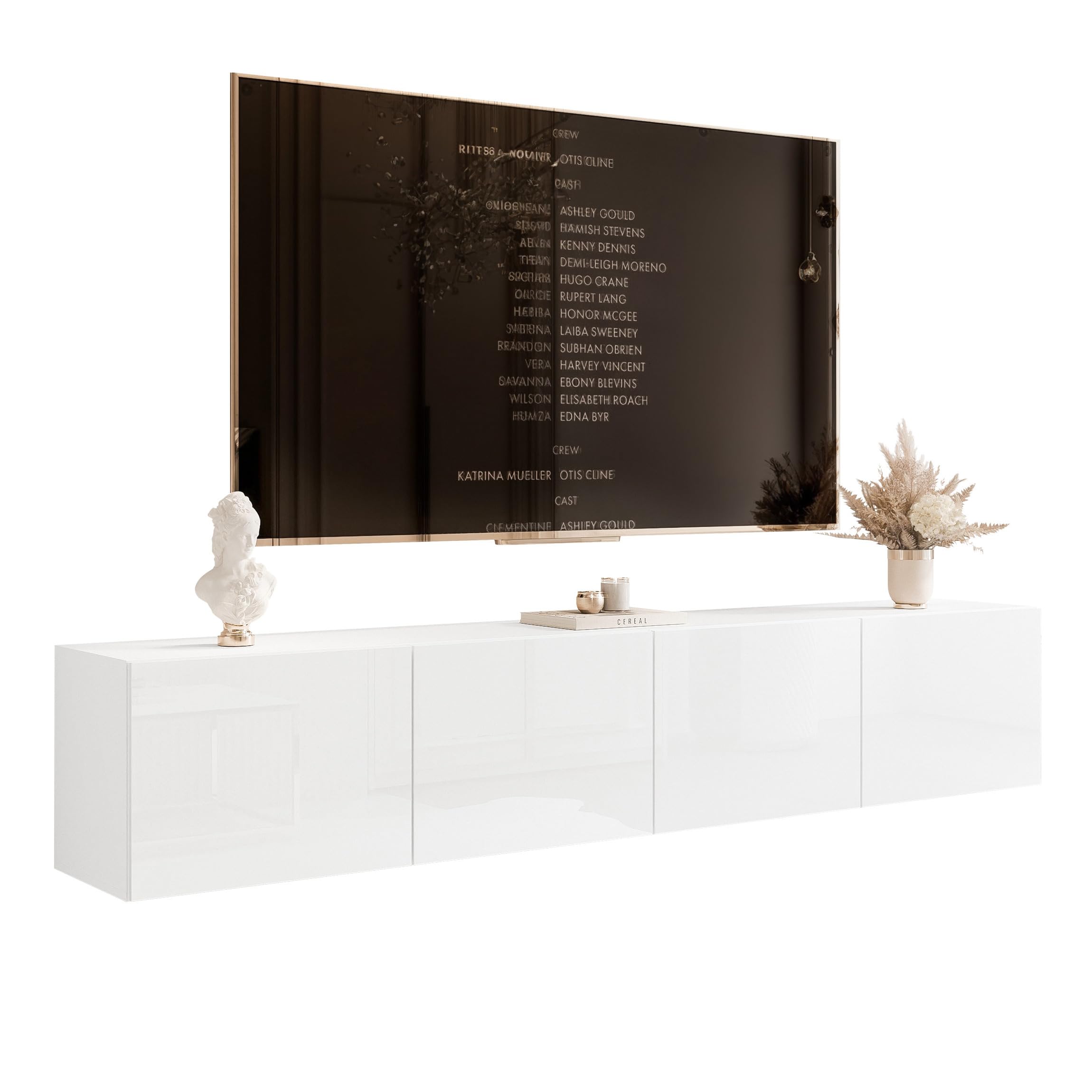 200 cm Meuble TV Suspendu 200 cm avec Rangement et LED - Meuble TV Mural avec 4 Compartiments Spacieux