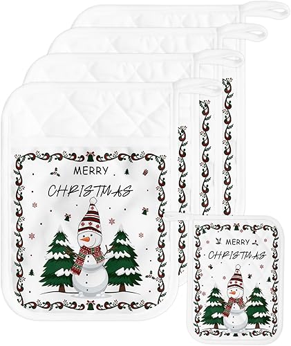 Snowman - Juego de 5 soportes para ollas para cocina, antideslizantes y aislantes de calor, juego de agarraderas de tela de toalla con bolsillo,