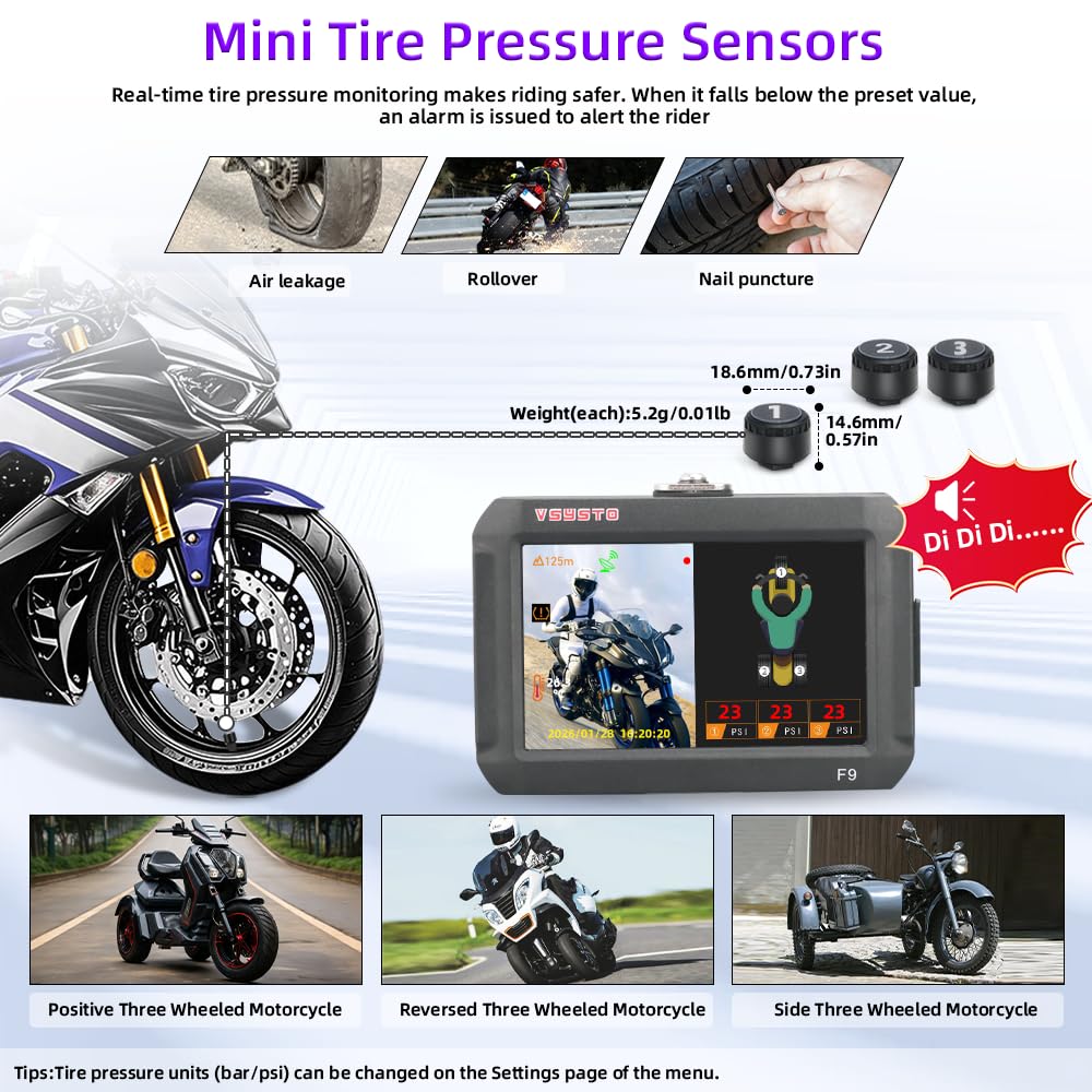 VSYSTO Dashcam per moto WiFi a tre ruote, 3 sensori di pressione pneumatici, schermo da 4'', grandangolo 150°, visione notturna Starlight, modalità di visualizzazione assistita Sistema DVR moto