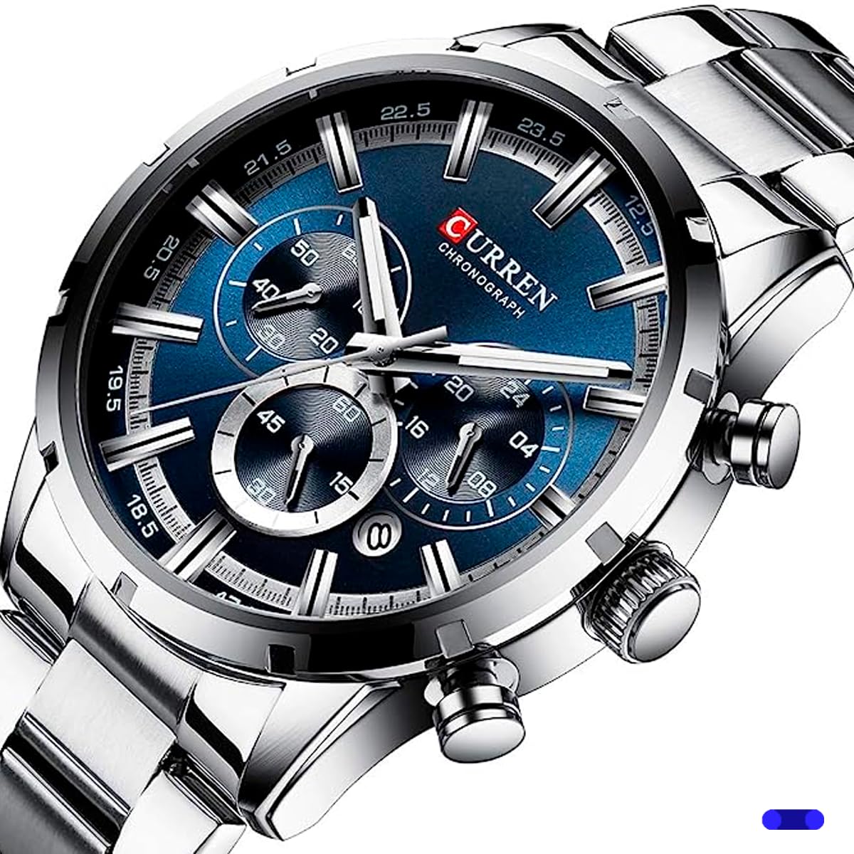 CURREN Reloj de Pulsera para Hombre, Análogo, con Fechador, Cronógrafo, Robusto y Extensible de Acero Inoxidable, Elegante y Moderno, Broche a Presión, Plateado, m, pulsera