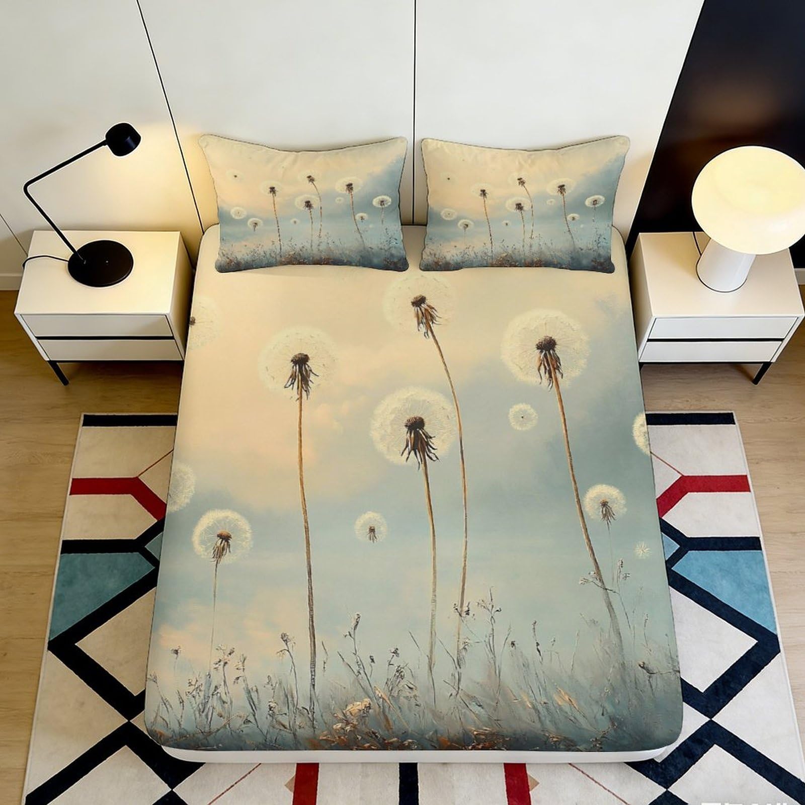 3D Printed Dandelion Meadow Fitted Sheet Microfiber Soft Breathable Sunset Field Mattress Cover Bedroom Decor 90x200x25cm