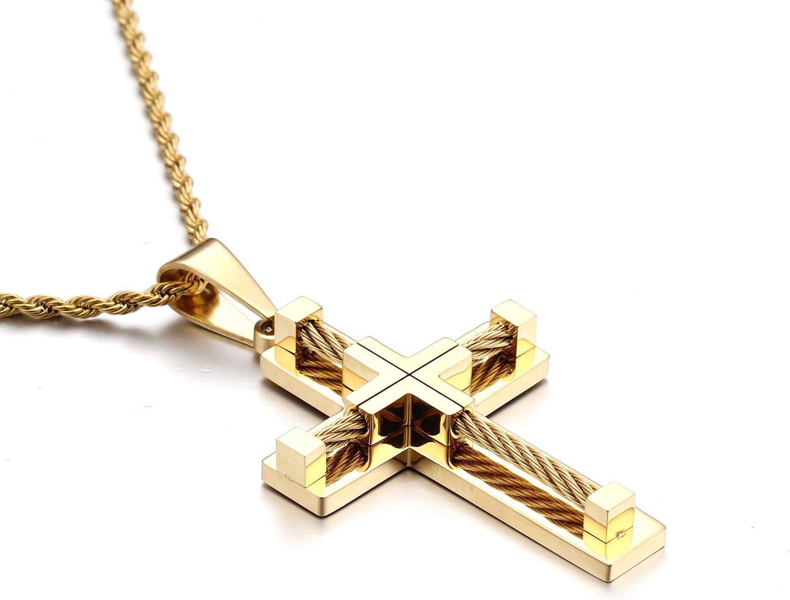 18k Gold Plated Stainless Steel Cross Necklace Pendant Big Cross Hip Hop 24-inch Necklace for Men and Women (Golden)