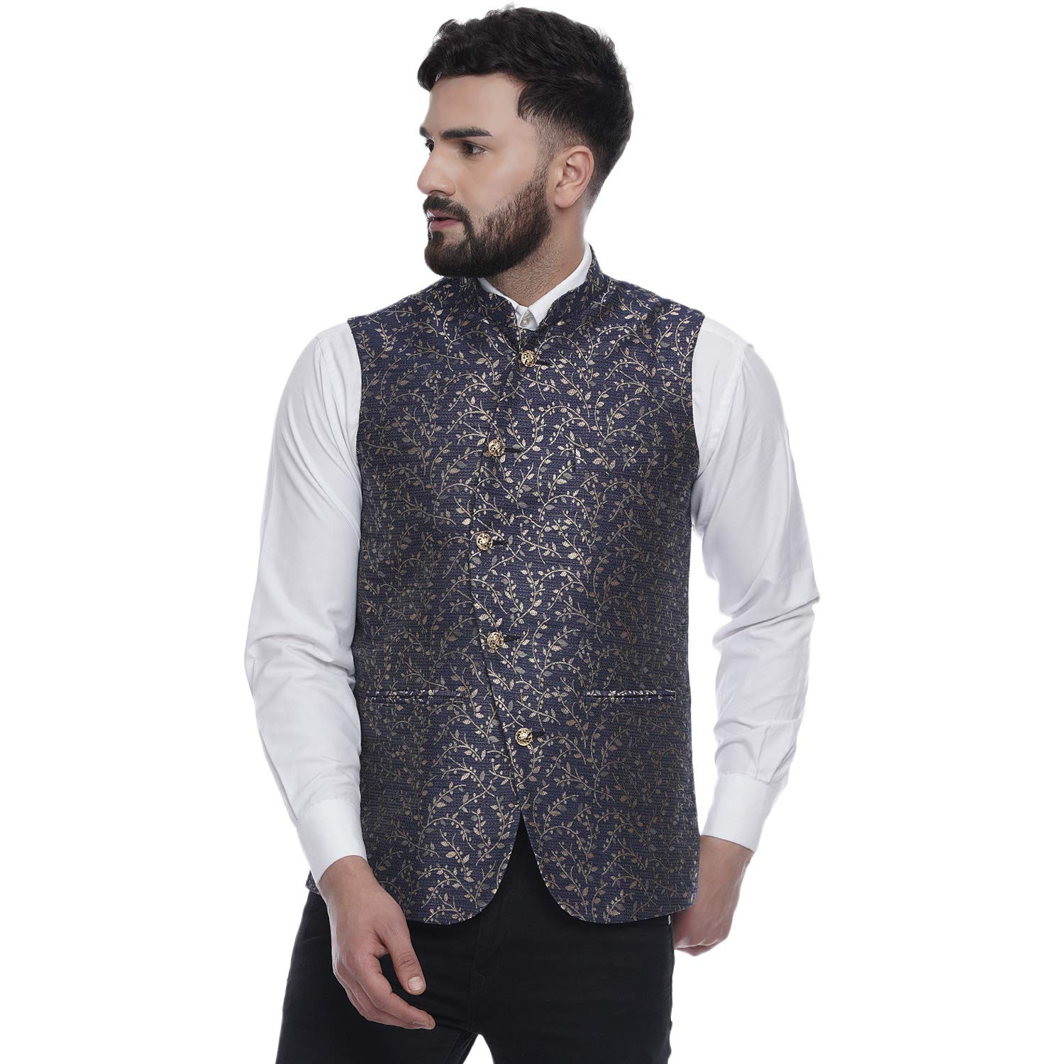 Blue Banarasi Printed Nehru Jacket (blue)-image-16