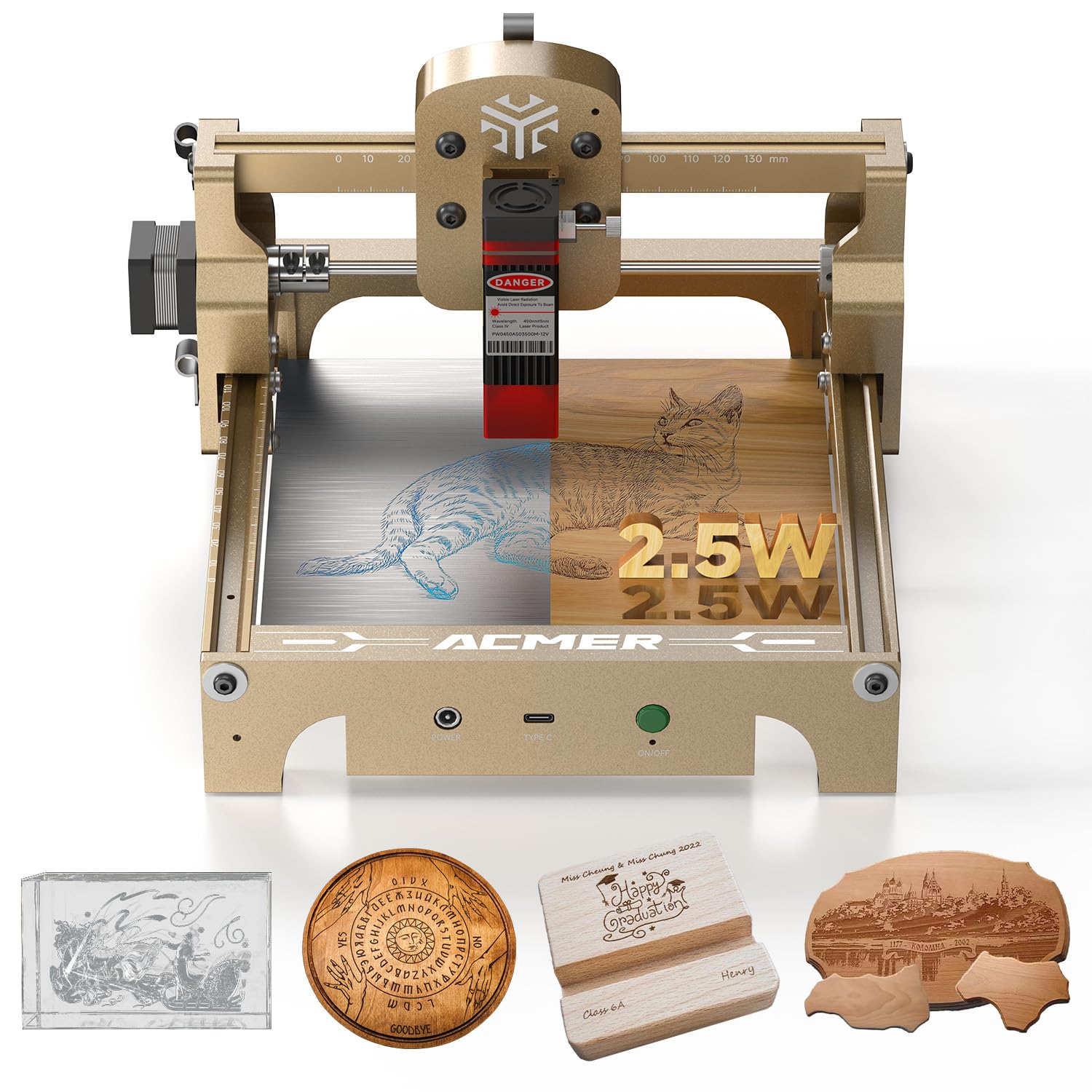 ACMER S1 Laser Engraver for Beginner Mini Laser Engraving Machine for Wood, Paper, Acrylic, 2.5W/3.5W/6W, Laser Class4 (Golden, S1 2.5W)