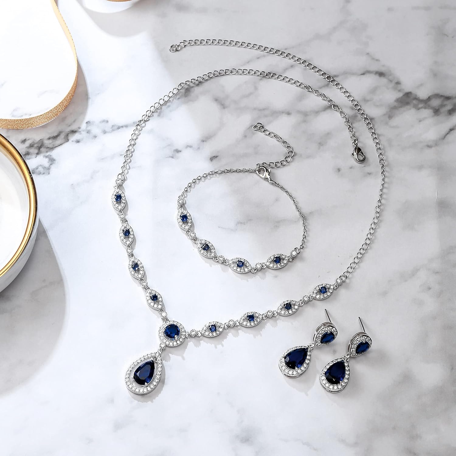 BriLove Wedding Bridal Jewelry Set for Women Cubic Zirconia Teardrop Y-Necklace Link Bracelet Dangle Earrings for Party Prom Accessories - Image 5