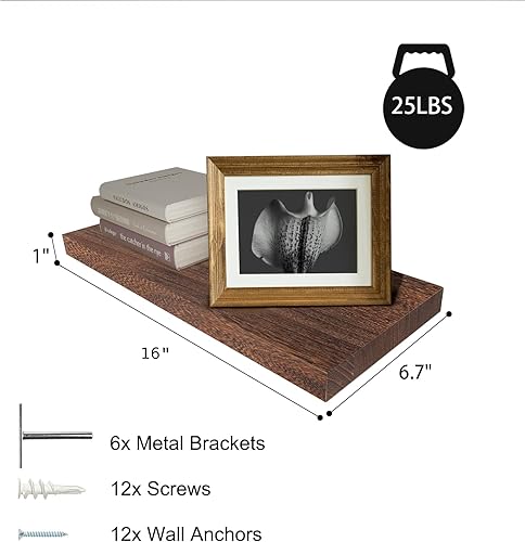 Miniatura 2 de Kultilanda Estantes flotantes de pared de madera maciza, almacenamiento para dormitorio, sala de estar, juego de 3, estantes de pared marrón rústico