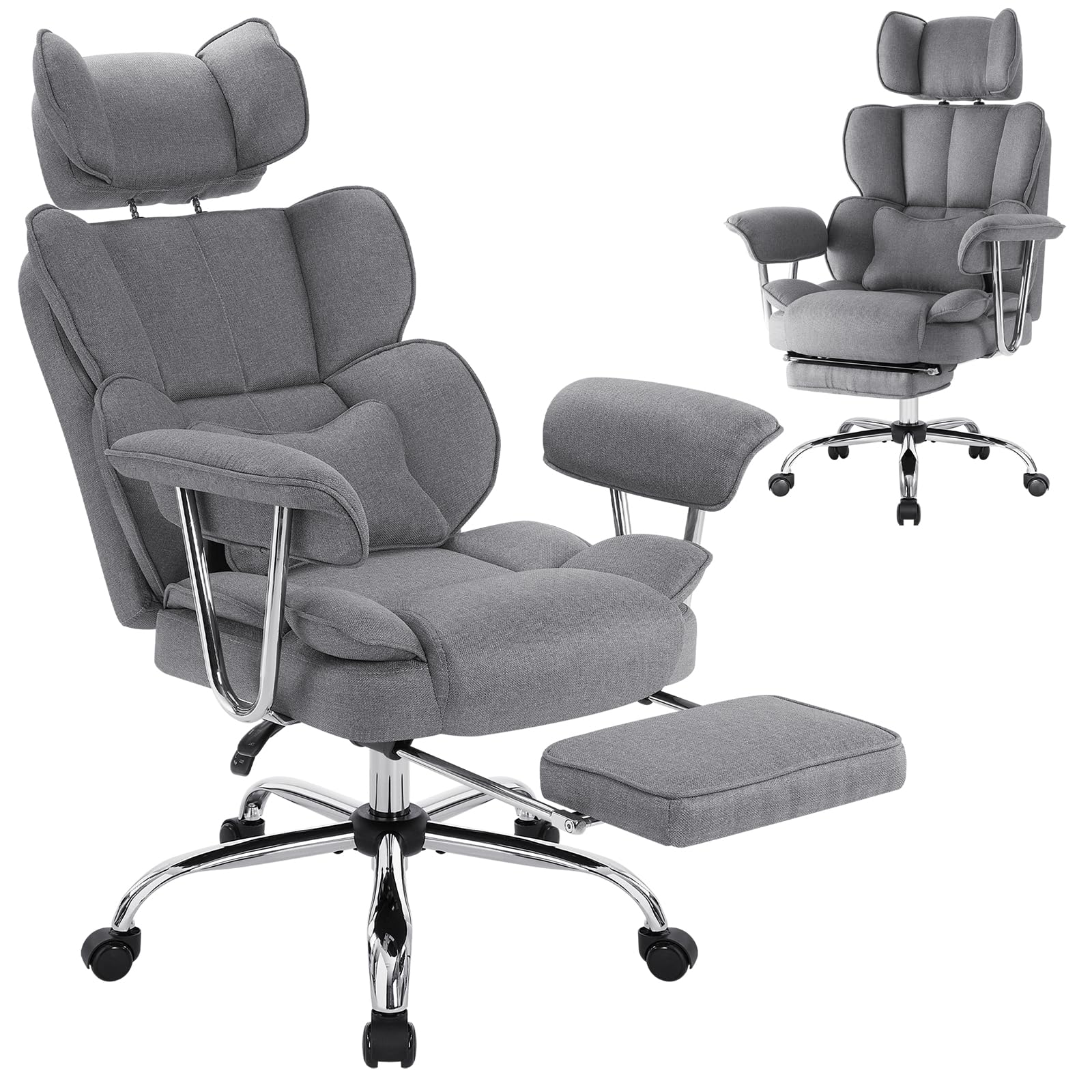 IWMH Bürostuhl Ergonomischer mit Fußstütze und Lendenwirbelstütze, Bürostuhl Chefsessel 200KG XXL, Drehstuhl mit Armlehnen und Kopfstütze Höhenverstellbarer Stoff (Grau)