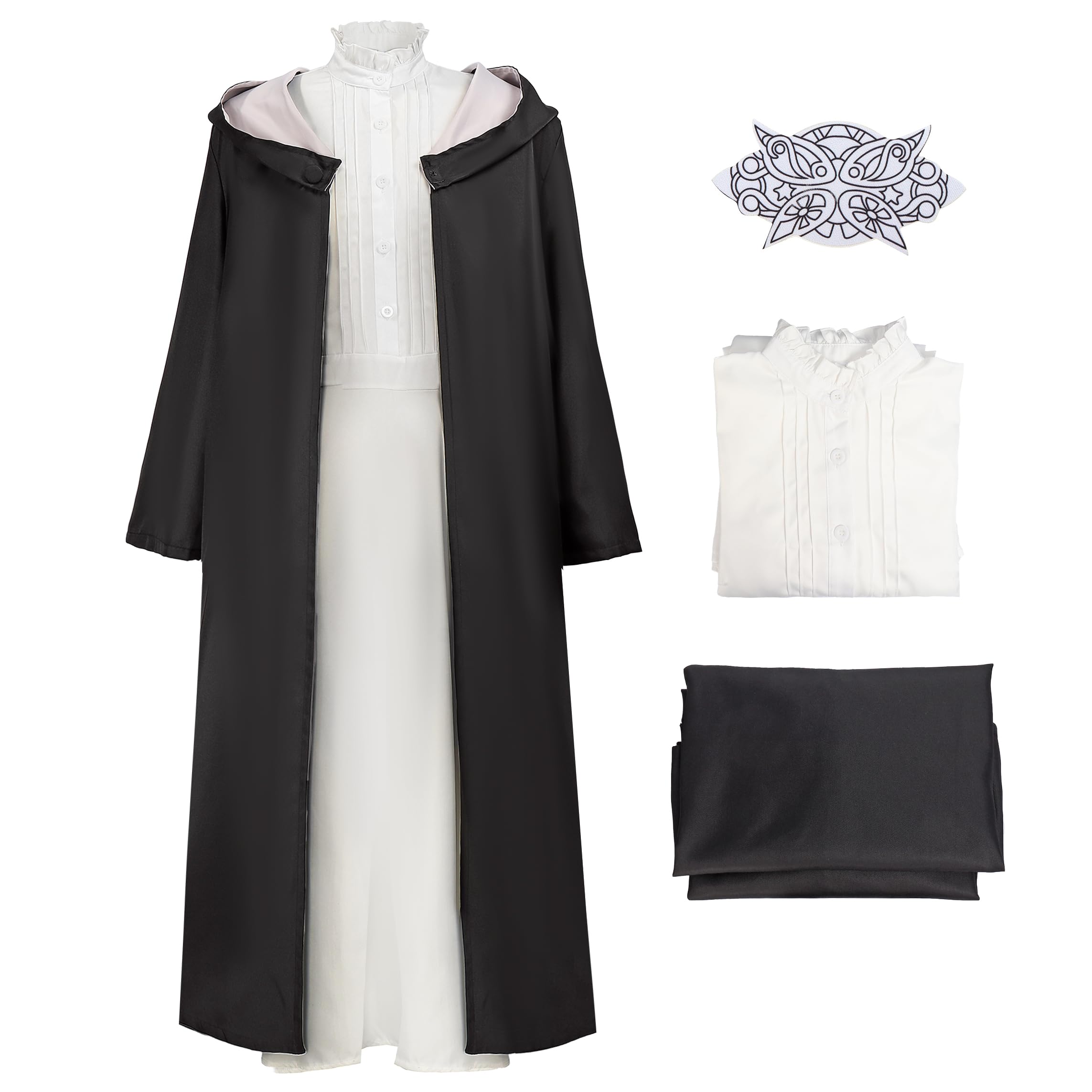 C-ZOFEK US Size Donna Cosplay Costume Completo Set Outfit Lungo Nero Cappotto Bianco Vestito e Fermaglio per Capelli per Halloween