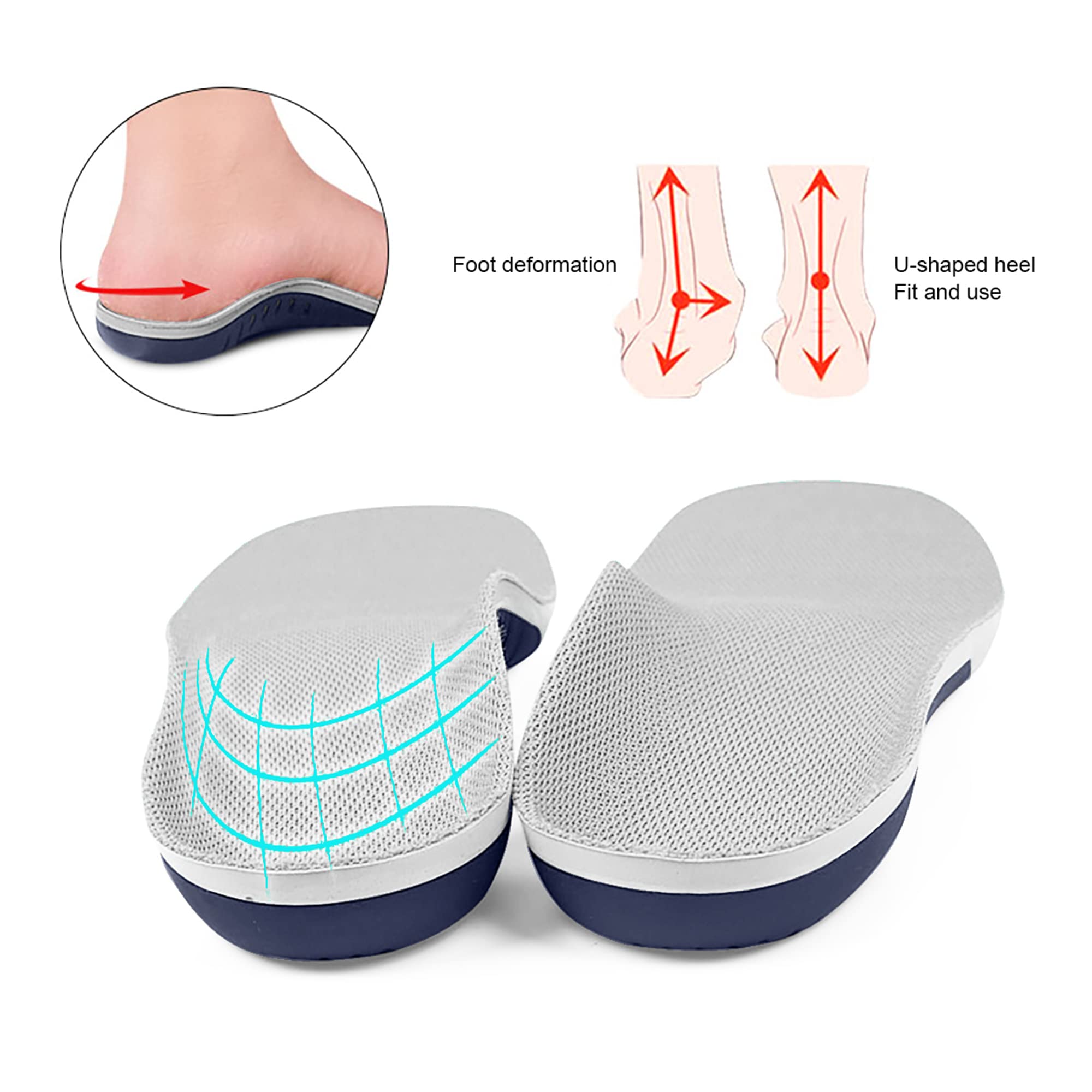 Plantillas de soporte de arco para niños, unisex, diseño de soporte de arco de 30 mm, cubierta reductora de calor y fricción, recortadas para adaptarse al tamaño