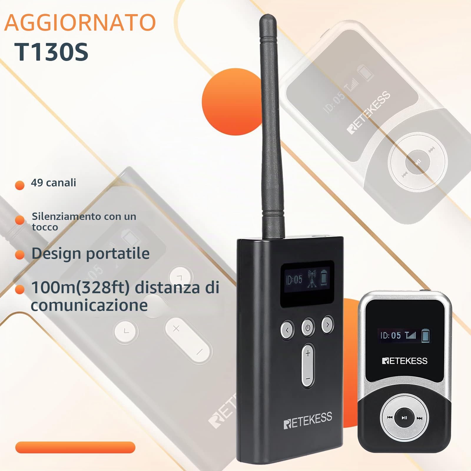 Retekess T130S (T130 2rd) Wireless Tour Guide System, Sistema di Guida Turistica, 100M, con un Pulsante Mute, con 2 Microfoni TT123, Con Scatola di Ricarica da 64 Slot, Per Visite Turistiche, Fabbrica