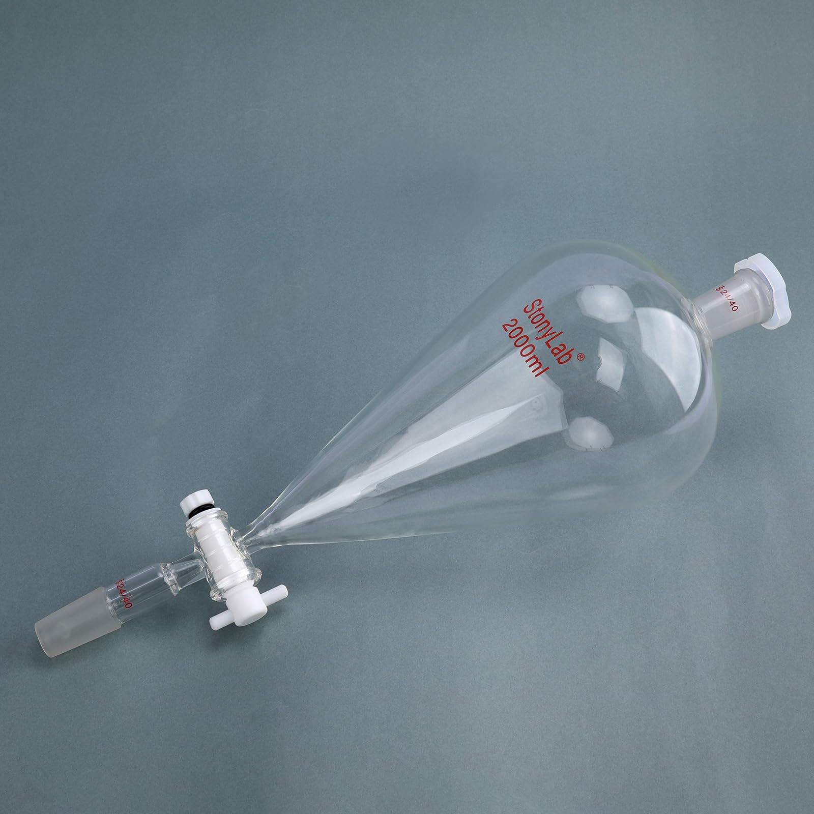 stonylab Separador Embudo con PTFE Llave de Paso, 2000 ml Cónico Forma de Pera Pared Pesada Vidrio Borosilicato Separador Embudo con 24/40 Juntas