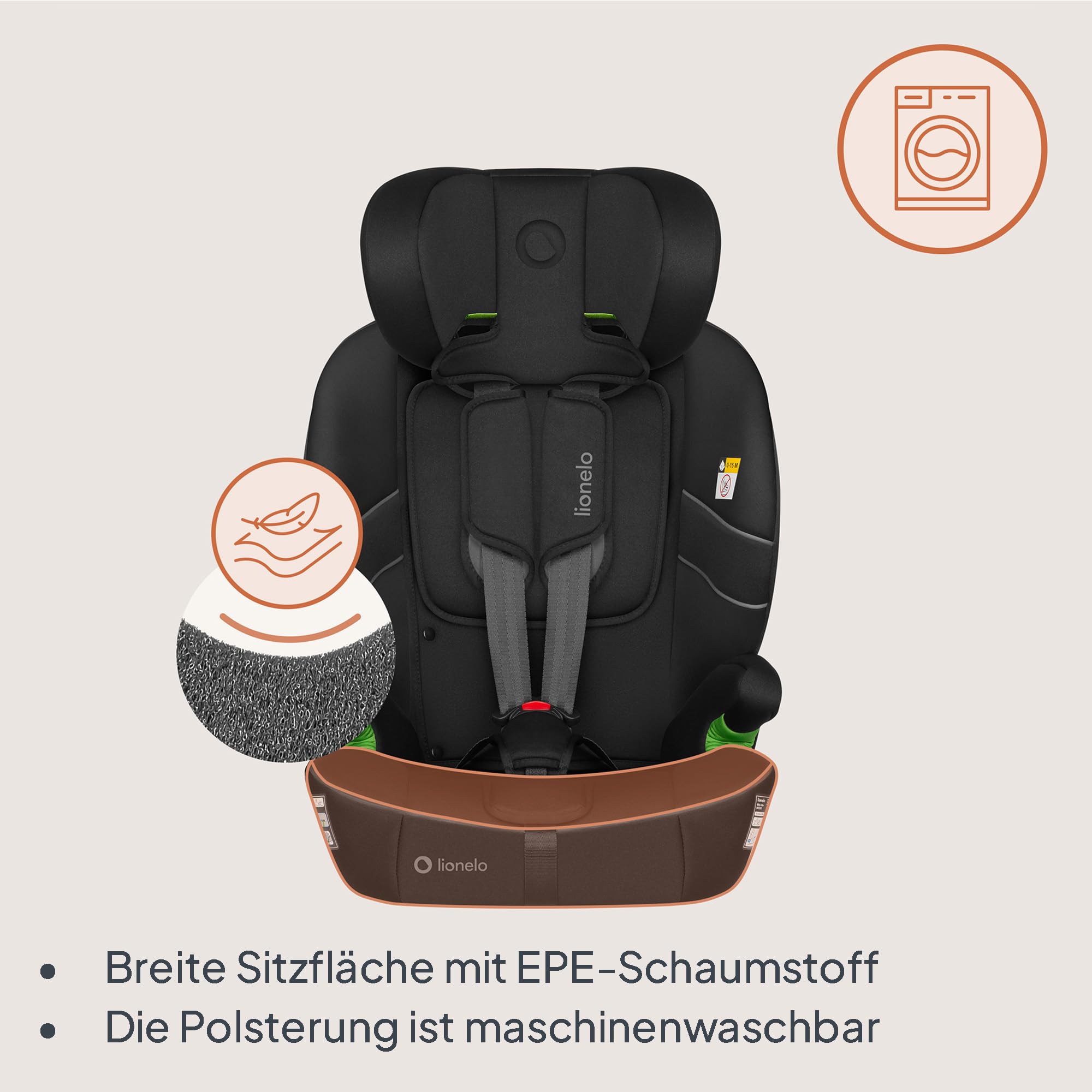 Lionelo Billy i-Size Kindersitz 76–150 cm (ab ca. 15 Monate–12 Jahre) | R129, ISOFIX & Top Tether oder Fahrzeuggurt, 5-Punkt-Gurt 76–105 cm, 10-fach Kopfstütze, Seitenaufprallschutz