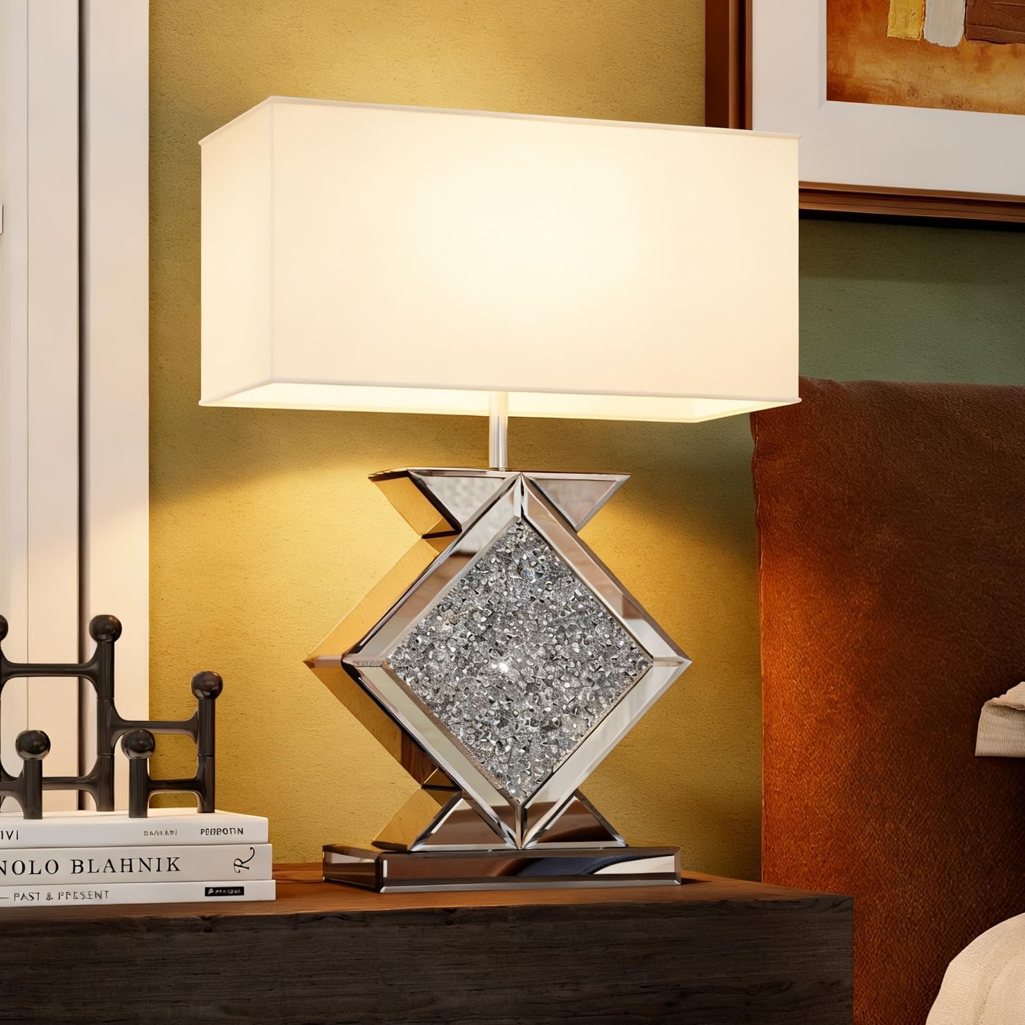 Crystal Crushed Diamond Mirrored Table Lamp, 23.6" Silver Glass Rectangular Bedside Lamp with Linen Shade, 3-Way Dimmable Modern Glam Nightstand Lamps for Bedroom, Living Room, Office