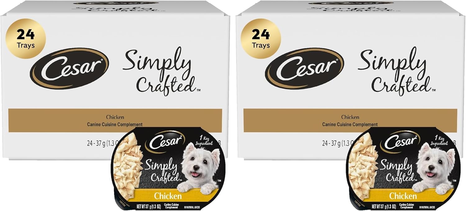 Cesar Simply Crafted Adult Wet Dog Food Toppers for Dry Food,Chicken,1.3 oz Tubs,24 Count (Pack of 2)