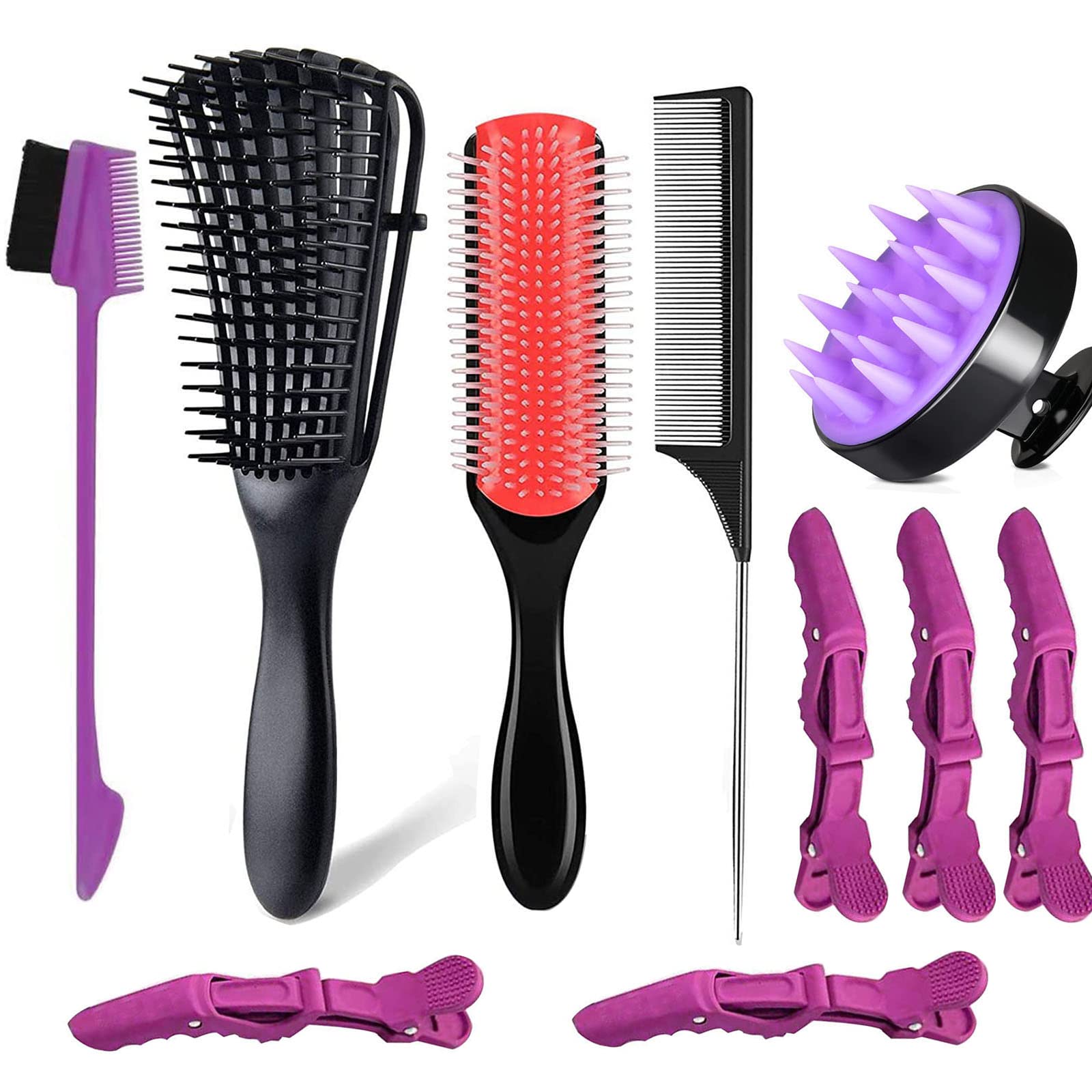 Amazon.com : Detangling Brush Set for Curly Hair, Detangler Hair Brush with  9 Row Cushion Nylon Bristle, Rat Tail Comb Styling Edge Brush Set Include  scalp scrubber，5 Hair Clips for Women Men