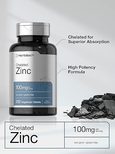 Miniatura 3 de Horbäach Suplemento de zinc quelatado de 100 mg | 250 tabletas | Alta potencia y absorción superior | Vegetariano, sin OMG, sin gluten