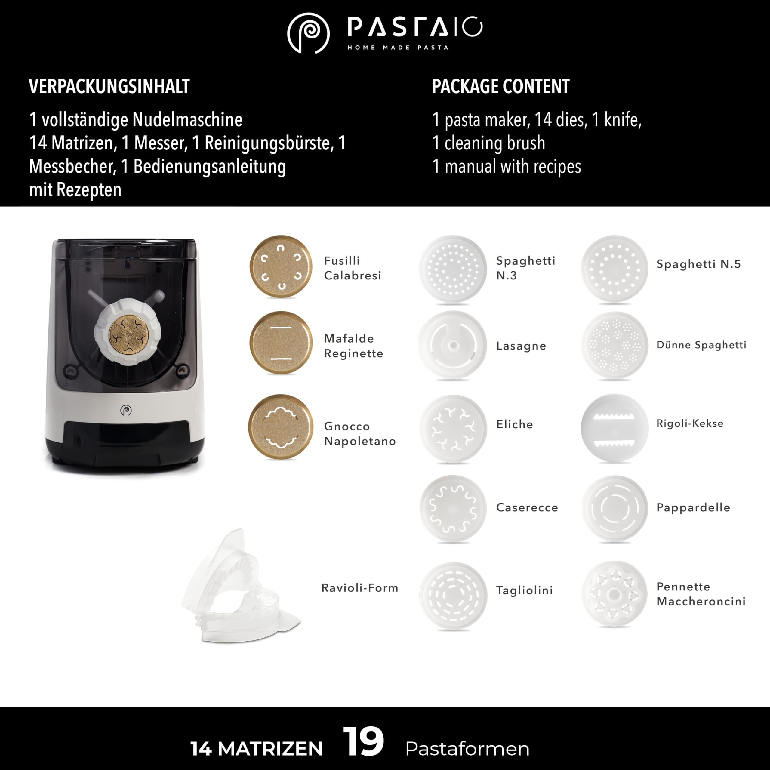 Pastaio Nudelmaschine mit 14 Aufsätzen, 3 aus Bronze, integrierte Waage, bis 800 g Teig, 19 Nudelsorten Classe Italy