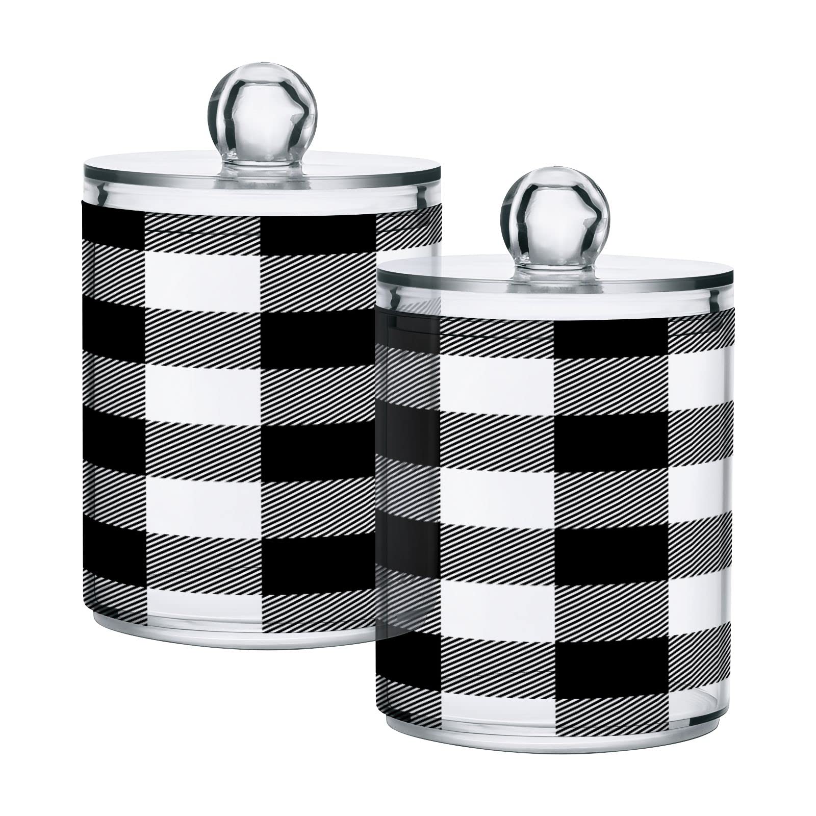 xigua 2 Pack Qtip Holder Dispenser White Black Buffalo Plaid 10 Oz Bathroom Organizer with Lids Storage Canister for Cotton Ball,Cotton Swab,Cotton Round Pads,Floss