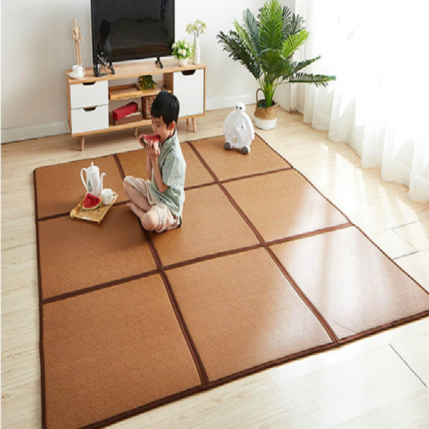 Tapis japonais traditionnel en rotin grand format 180x180 pour salon