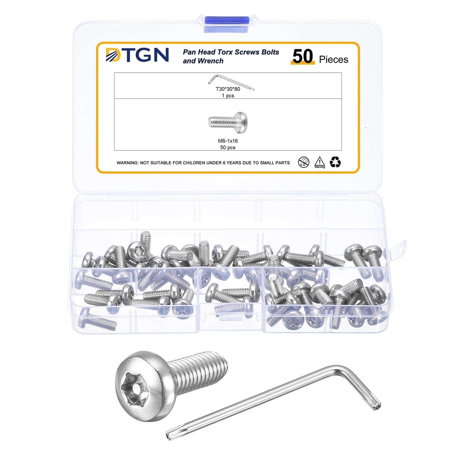 DTGN M6x16mm Pan Head Torx Security Screws - 50Pack - Good for Machinery - 304 Stainless Steel Tamper Proof Torx Security Fasteners & Wrench - Silver Tone — image 1
