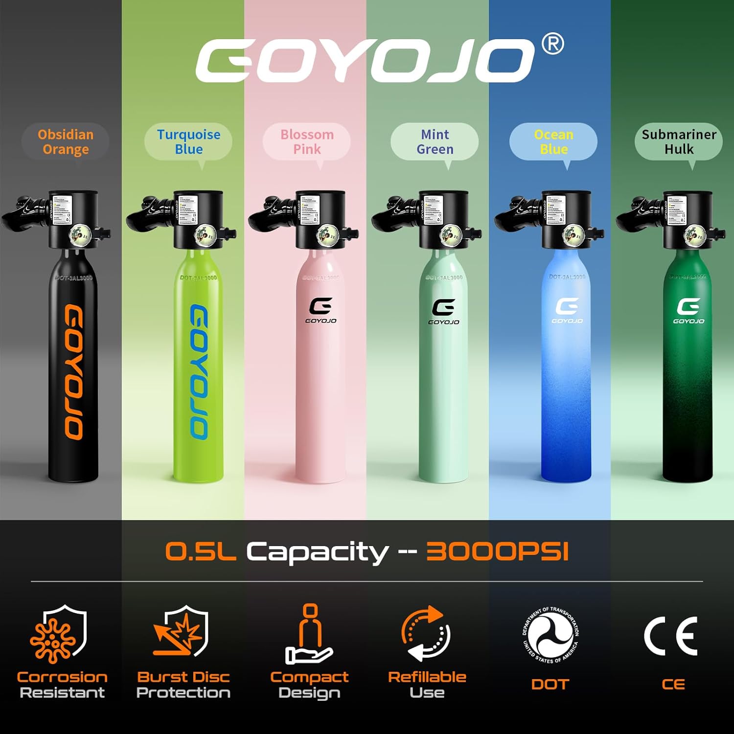 GOYOJO Mini Scuba Tank, Portable Diving Lung Air Tank with DOT Certified, Refillable Emergency Backup Pony Bottle for Snorkeling, Underwater Breathing, Training