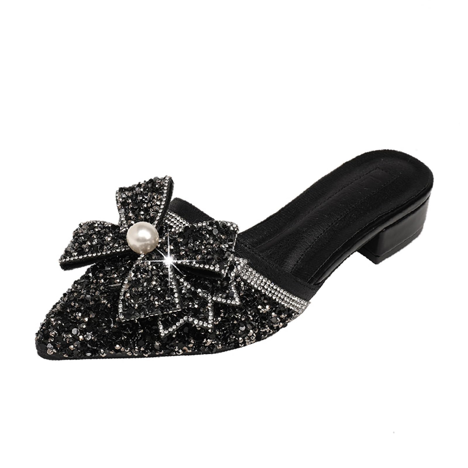 LOVEHEYNEW Women's Pearl Rhinestone Bow Low Heels Mules Glitter Pointed Toe Comfortable Block Heel Backless Slip on Clogs Sandals for Party Date