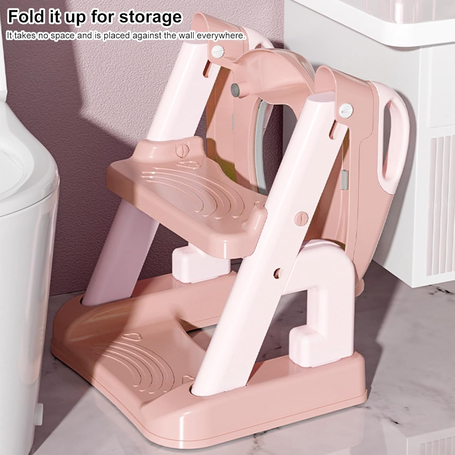 Foldable Step Stool for Bathroom Sink | Step Stool for Toddler | 2 in 1 Toddler Seat with Steps Stools Soft Cushion Adjustable Height Triangular Base Toilet Ladder Toilet Seat Stair Pink