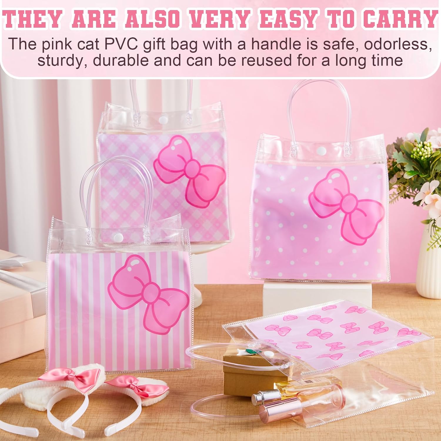 SmoothNovelty 24 Pcs Pink Cat Party Favor Bag Pink Bow Kitty Clear PVC Gift Bags with Handle Cute Kitten Cartoon Reusable Treat Tote for Women Kitty Party Wedding Birthday Baby Shower Supplies