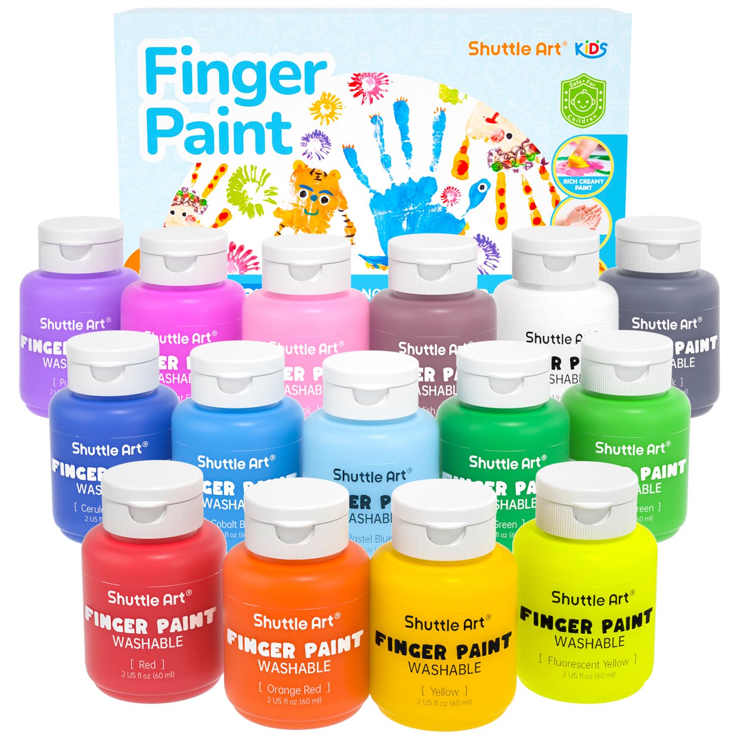 Shuttle Art Kids Paint, 15 Colours (60 ml) Finger Paints, Washable Paints for Kids, Non-Toxic for Toddlers Early Education