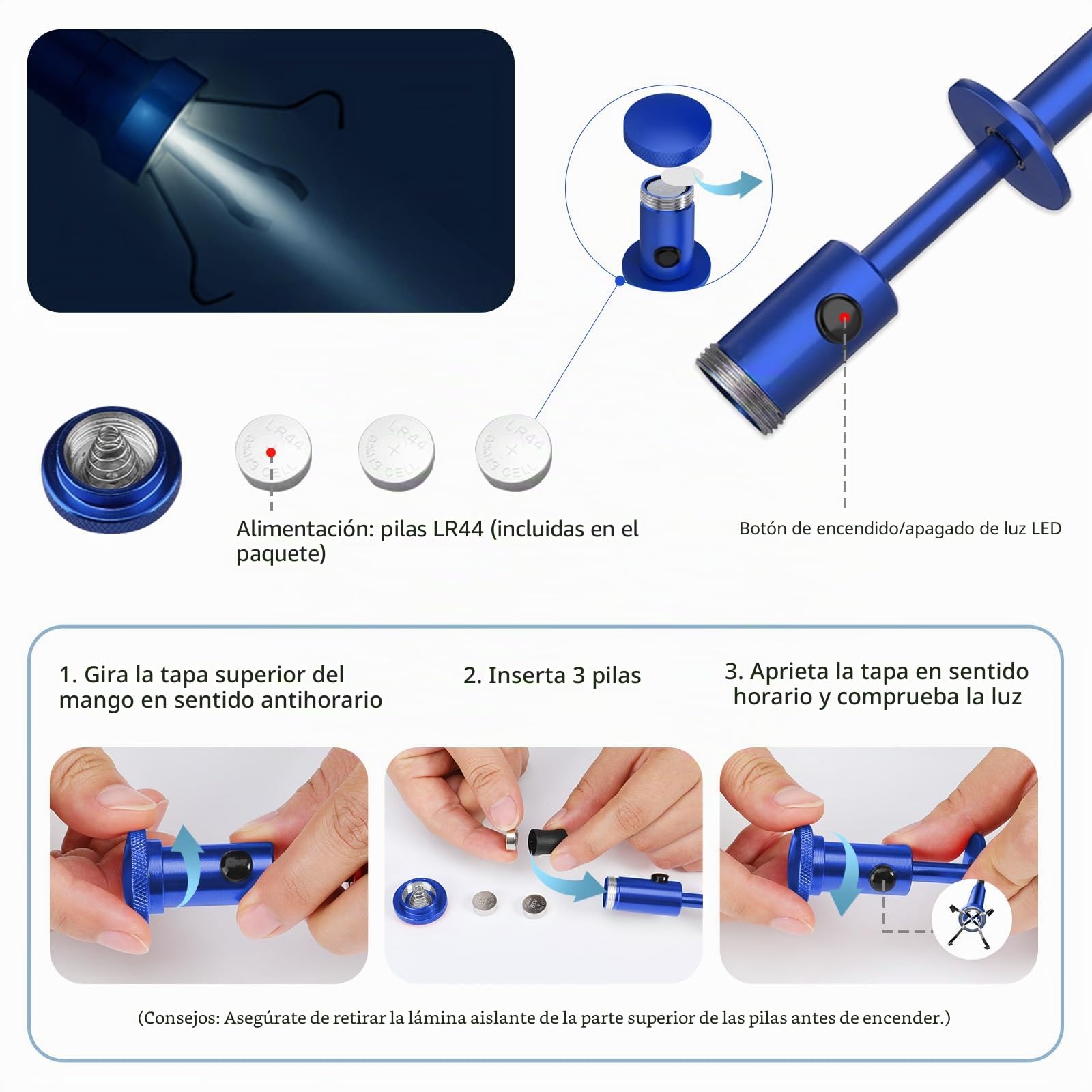 Housolution Recogedor Magnético de Cuatro Garras, Barredora de Recogida de la Manguera Flexible con LED Luz, Herramienta de Ayuda Flexible y Larga para Recolección de Basura - Azul