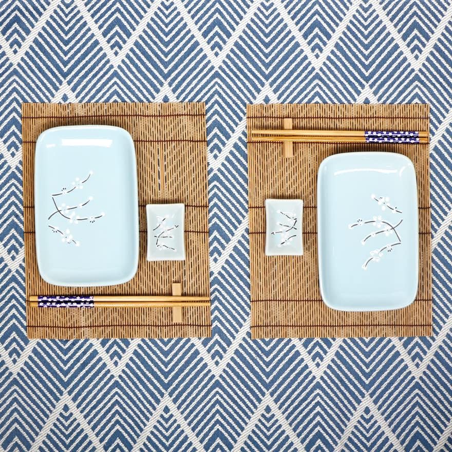EXZACT Sushi Plate Set 10pcs - 2 x Sushi Plates, 2 x Dip Bowls, 2 x Placemats, 2 x Chopsticks Rests, 2 Pairs of Chopsticks - Highquality Porcelain - Beautifully Presented in Gift Box - Blue