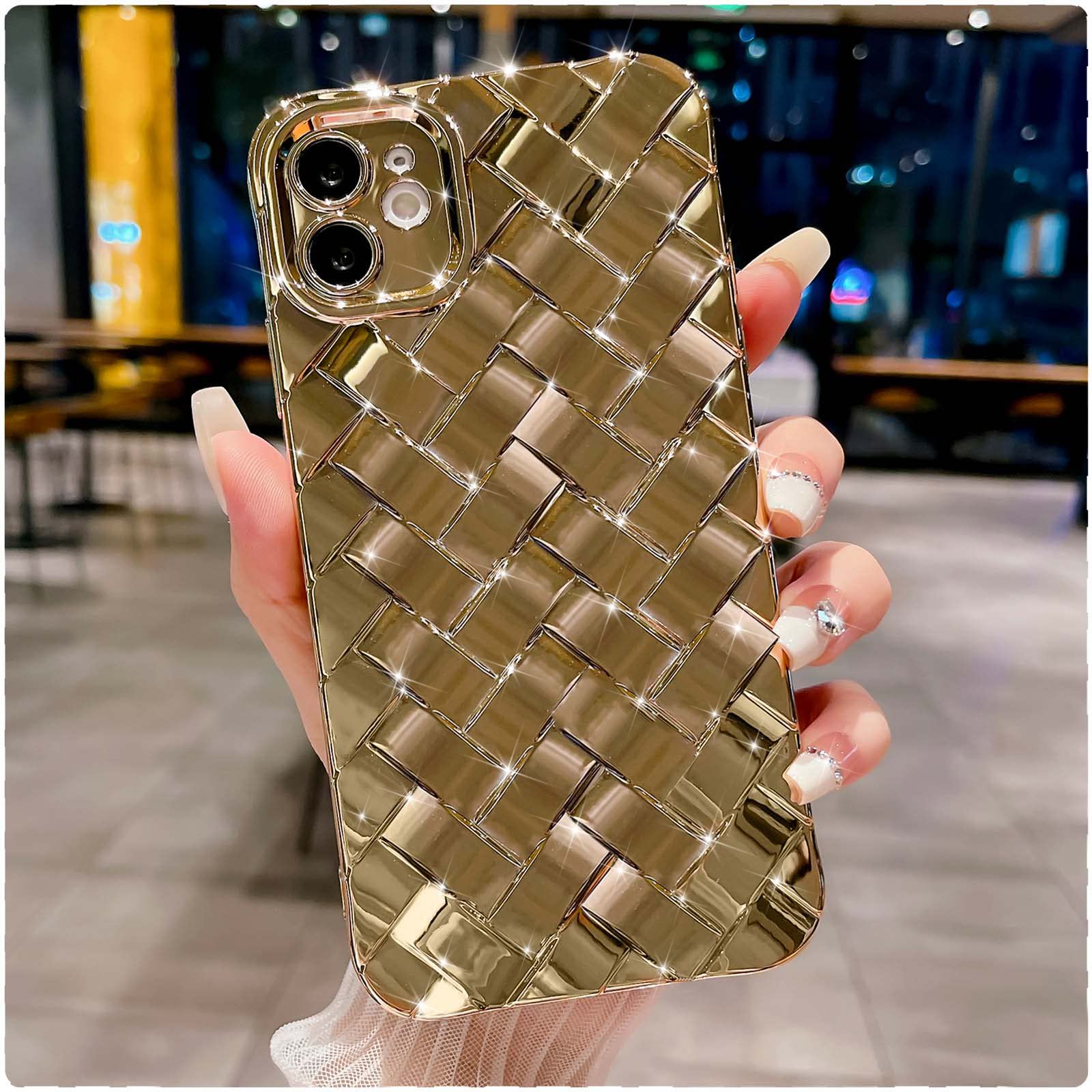 MGQILING Compatible with iPhone 11 Case-6.1 Inch, Fashion 3D Woven Pattern Plating Phone Case, Grid Printed case for Women Girls Soft Silicone Shockproof Camera Protective Back Cover-Gold