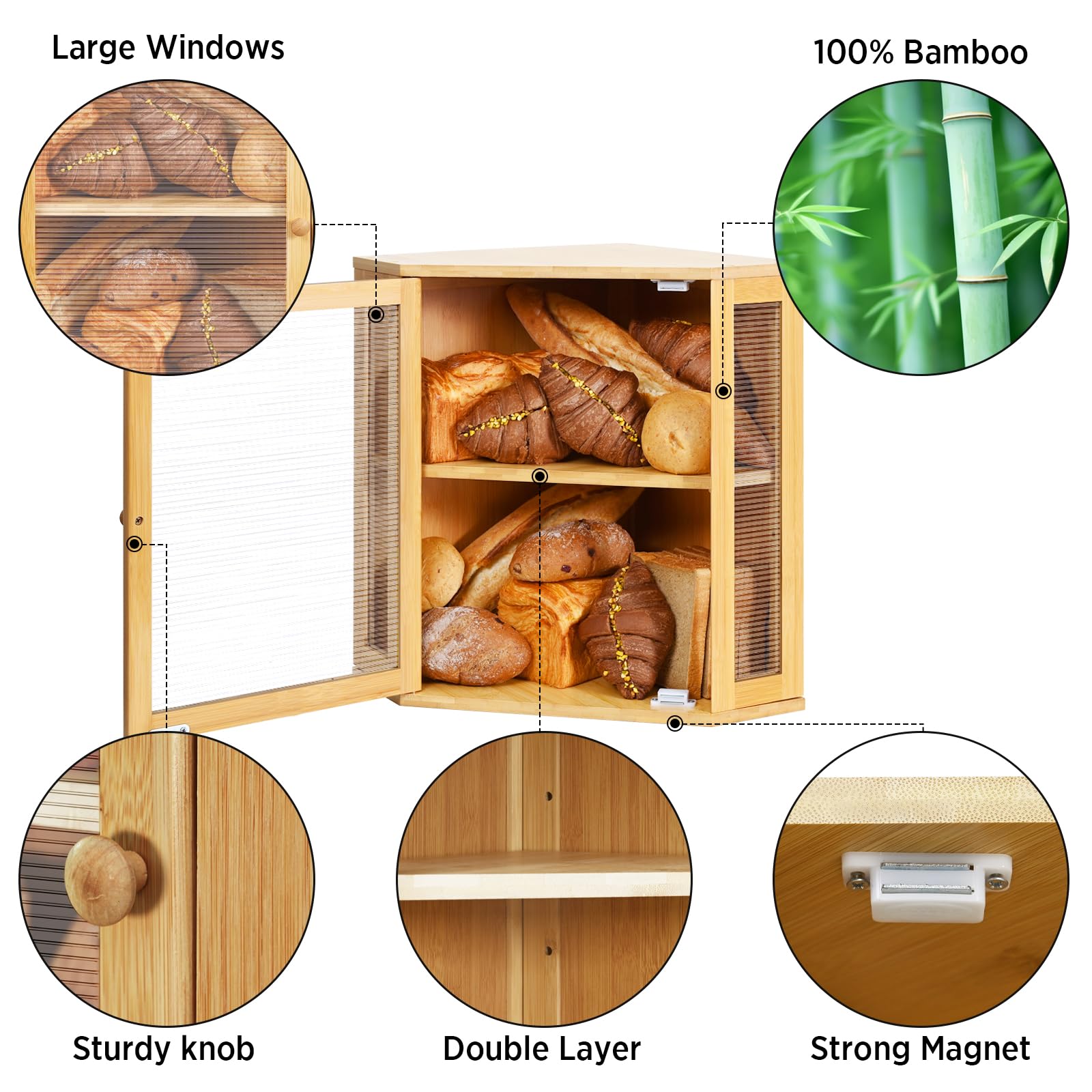 Caja de pan, contenedor de pan de bambú, contenedores de almacenamiento de doble capa de gran capacidad, caja de pan para encimera de cocina, protector de pan con panel de puerta ondulado