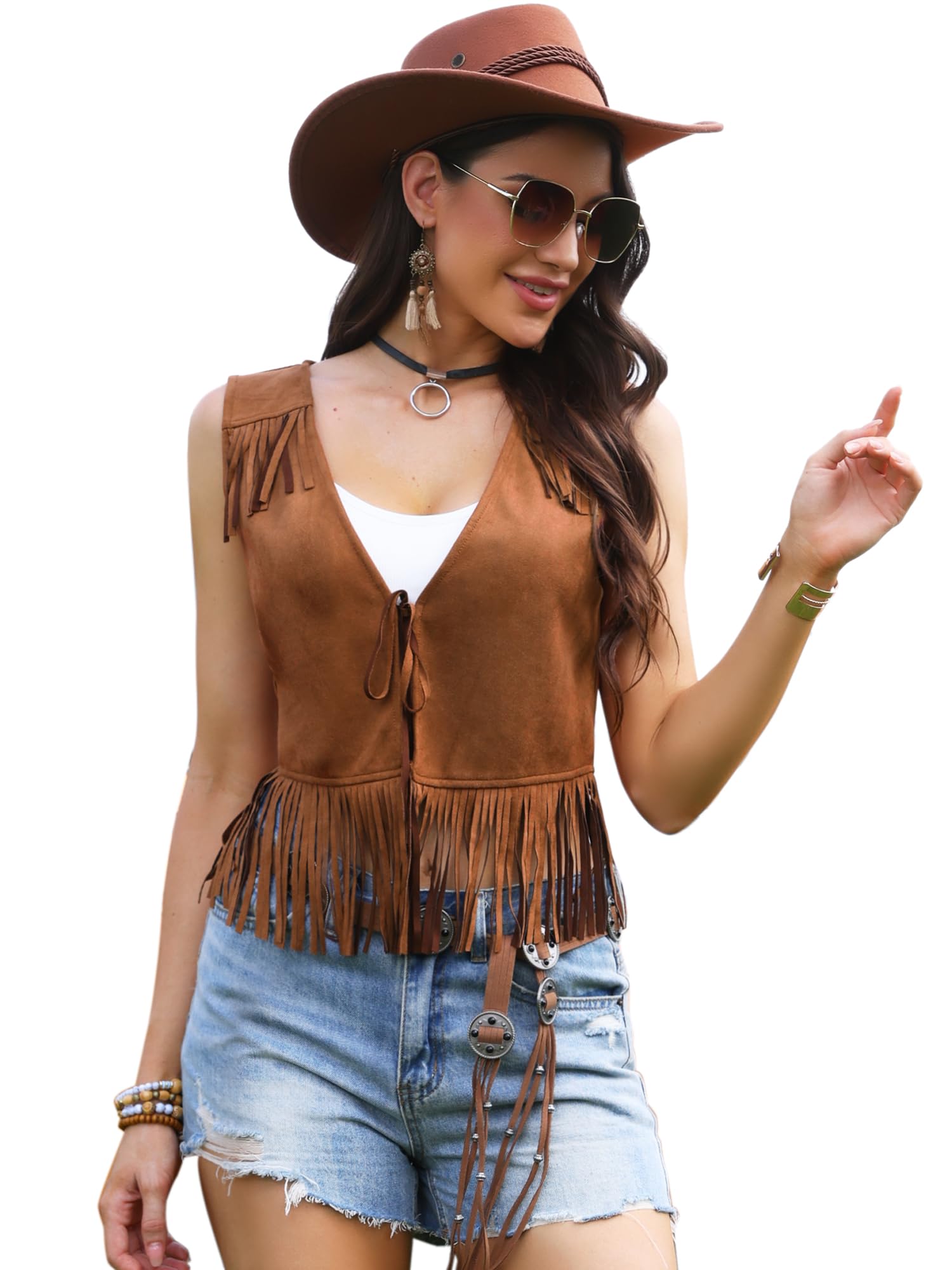 Allegra K Gilet con Frange per Donna Senza Maniche da Cowgirl Gilet in Finta Pelle Scamosciata con Nappe