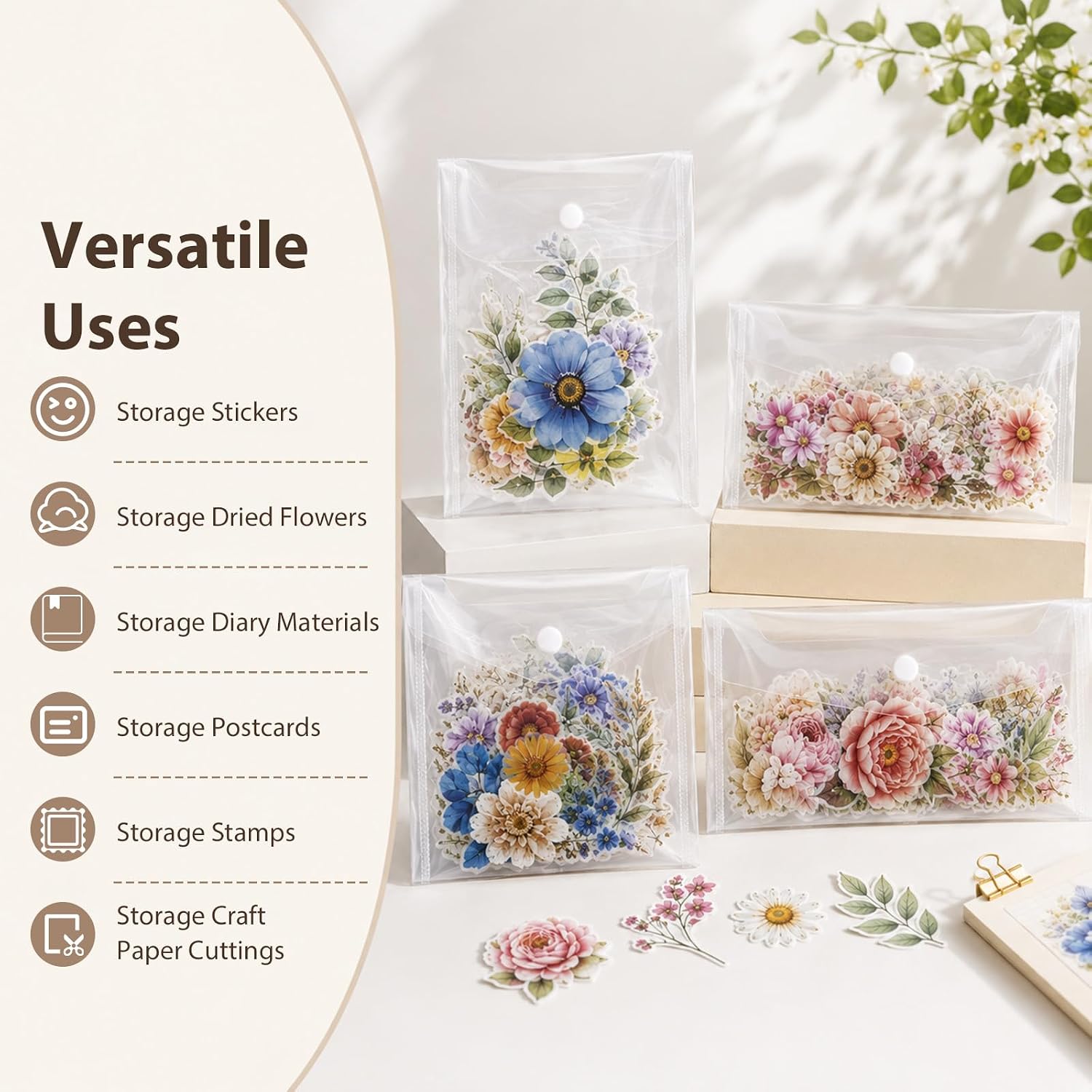 NQEUEPN 12pcs Sticker Organizer, 4 Sizes Clear Envelope Storage Bags image 4